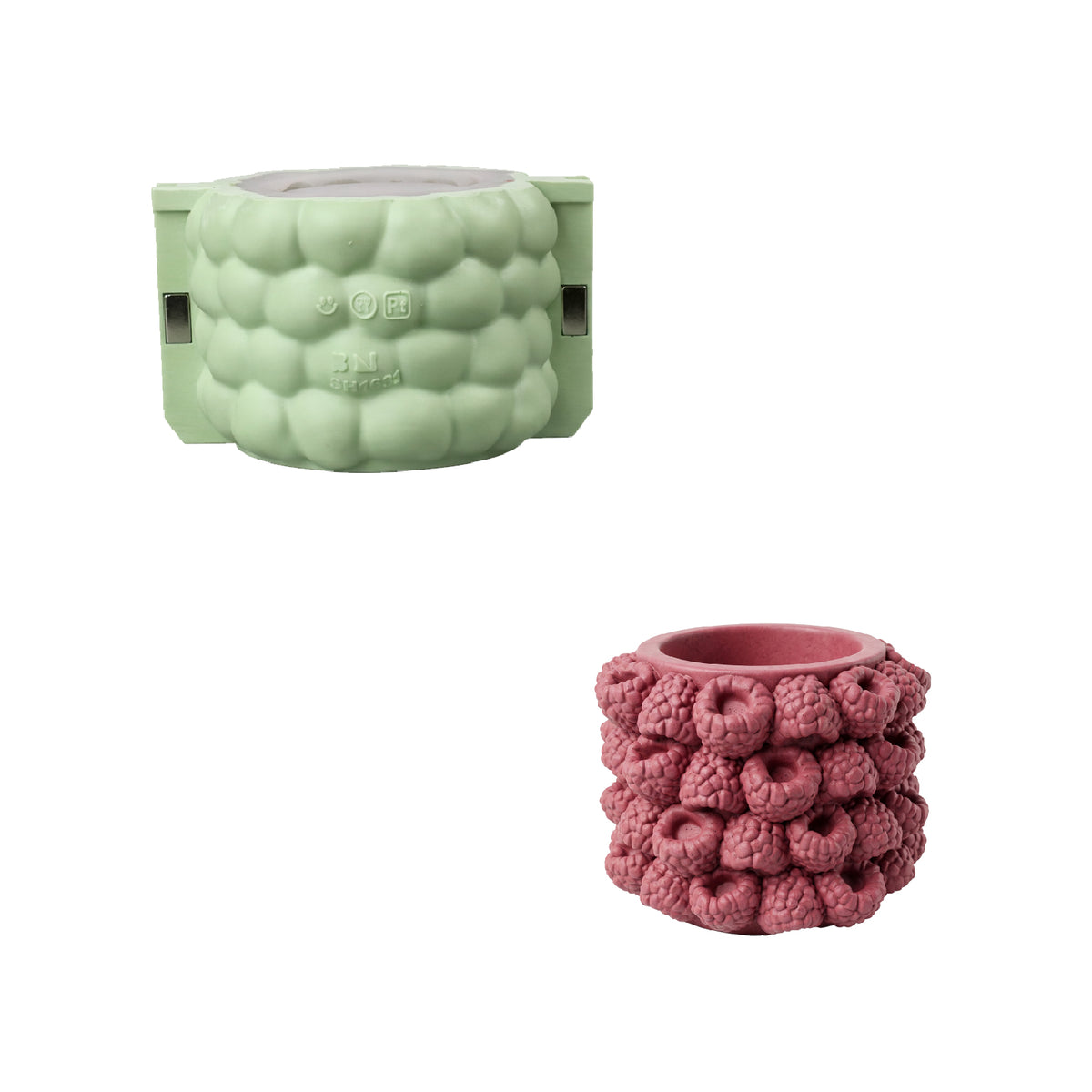 Raspberry Garden Candle Jar Silicone Mold and finished raspberry-textured jar