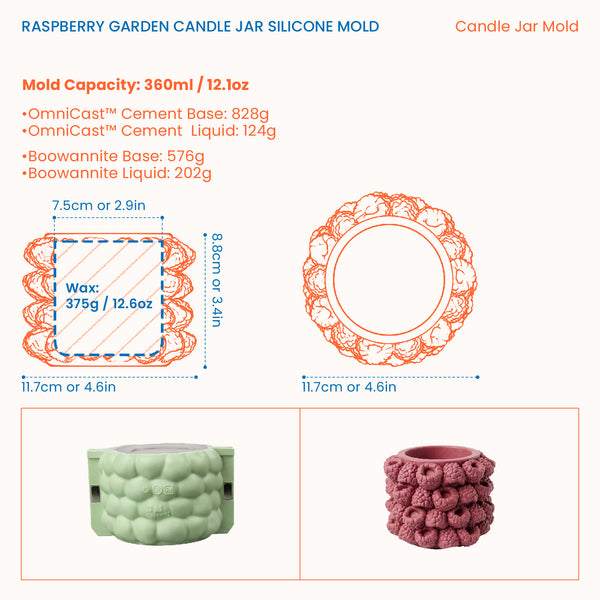 Raspberry candle jar size guide showing 11.7cm diameter, 8.8cm height, 7.5cm opening and 360ml mold capacity