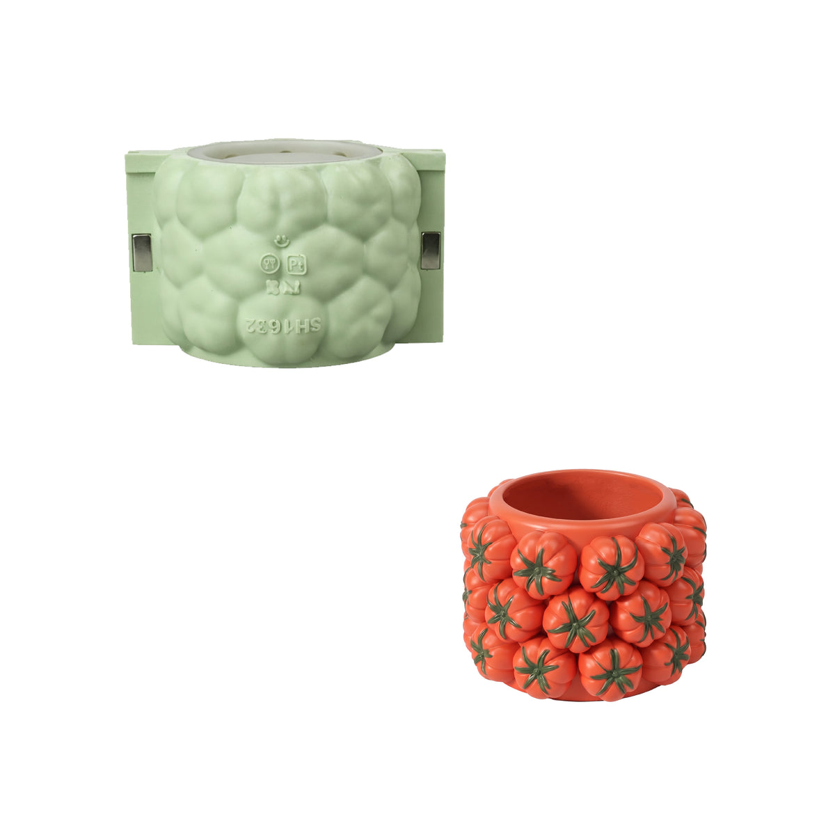 Tomato-cluster silicone mold and an orange finished candle jar on a white background