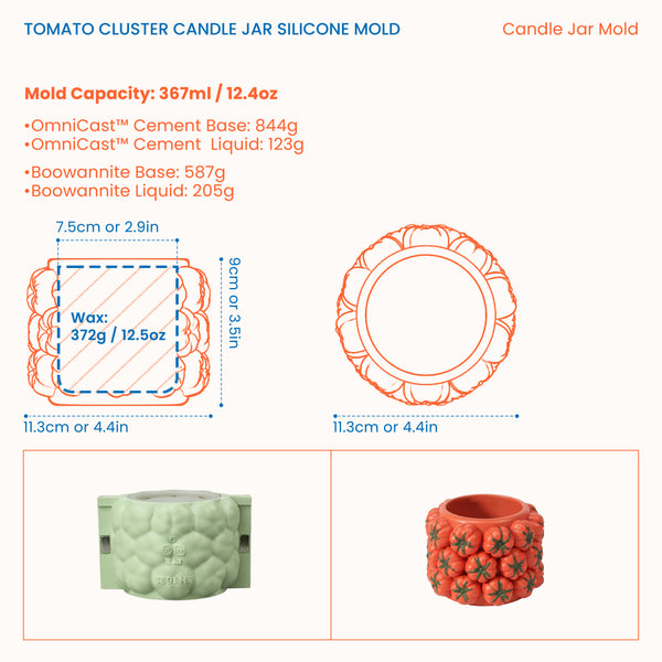 Tomato-cluster candle jar size guide showing 11.3 cm width, 9 cm height, 7.5 cm opening and casting-material quantities