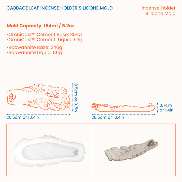 Cabbage leaf incense holder dimensions, 154ml capacity and casting-material quantities
