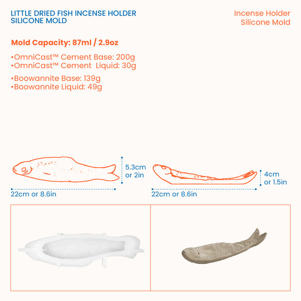 SH1635 fish incense holder size guide: 22 cm long, 5.3 cm wide, 4 cm tall, mold capacity 87 ml