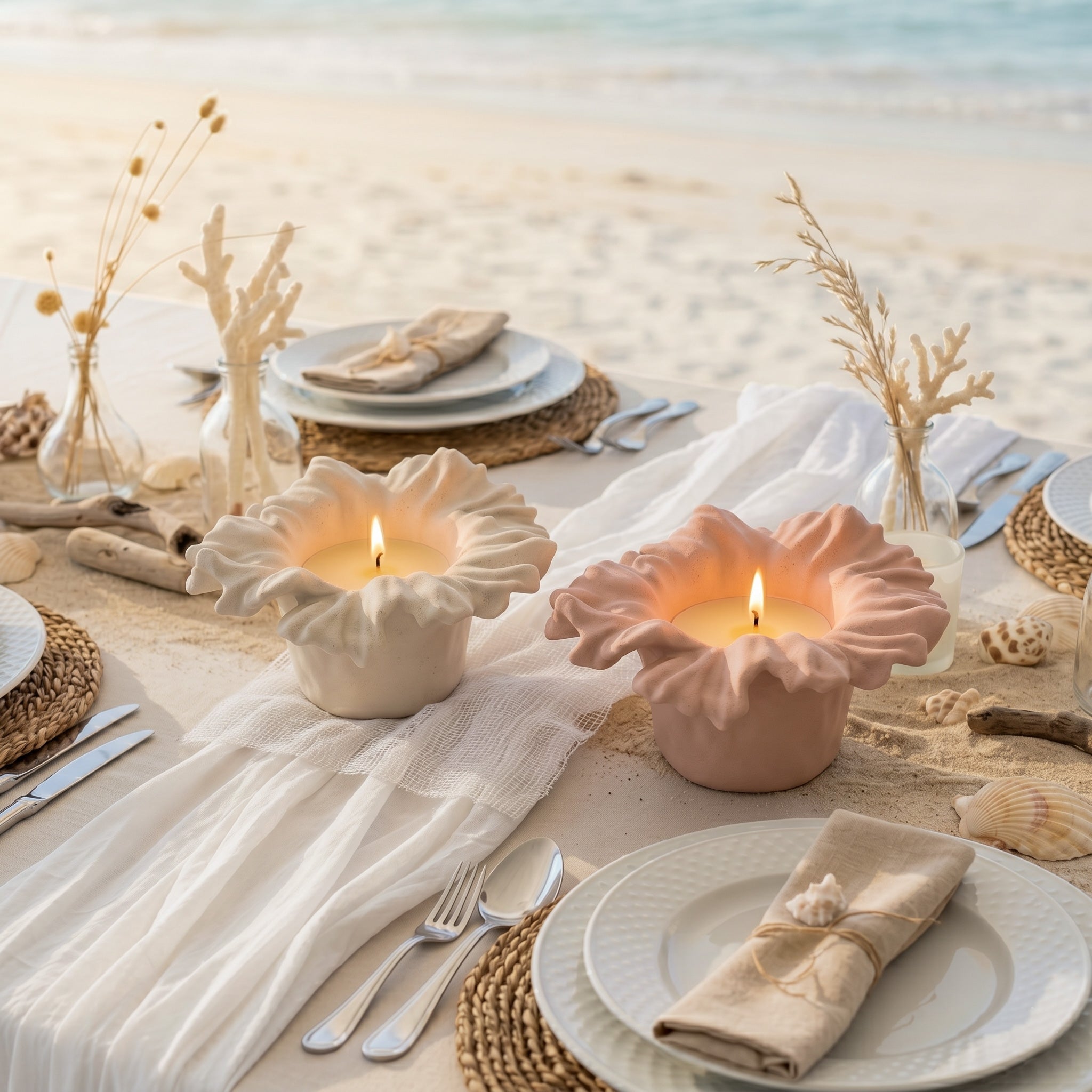  Lit Sea Anemone Bloom Candle Jars on a beach-themed wedding dining table - Boowan Nicole