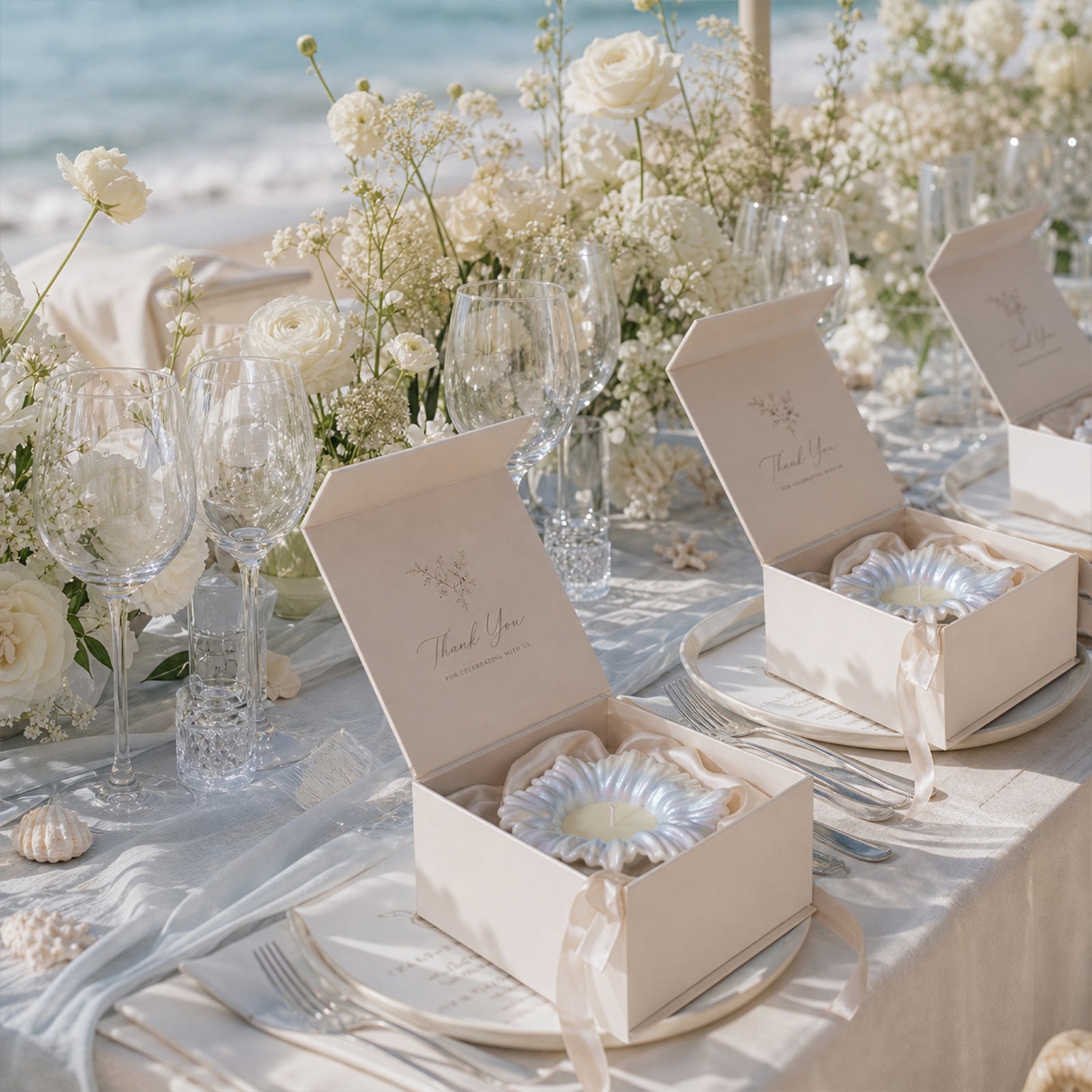 Iridescent Sea Anemone Bloom Candle Jars as wedding thank-you favors on beach reception table - Boowan Nicole