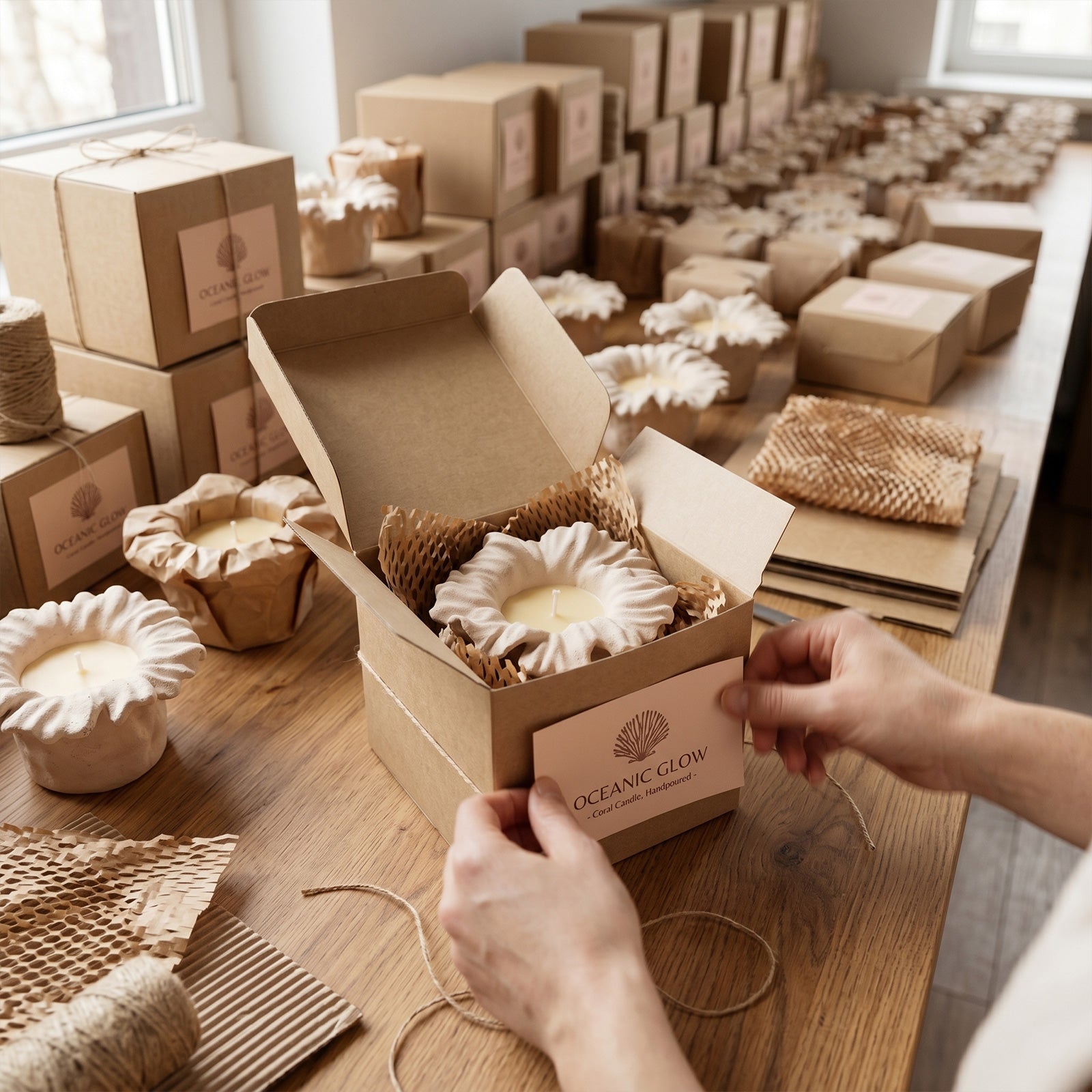 Packaging Sea Anemone Bloom Candle Jars into eco-friendly kraft boxes for shipping - Boowan Nicole