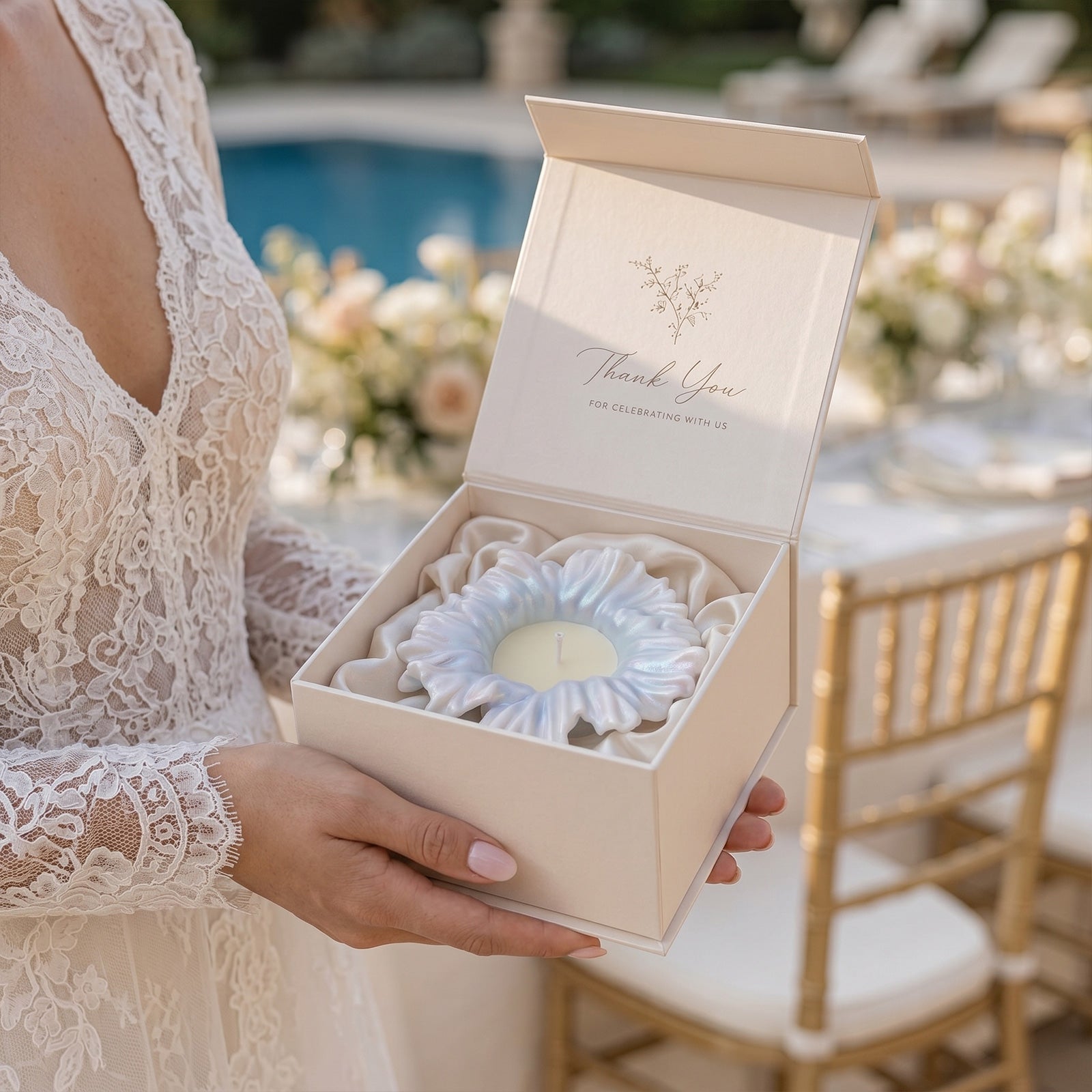 Bride holding gift-boxed iridescent Sea Anemone Bloom Candle Jar as wedding favor - Boowan Nicole