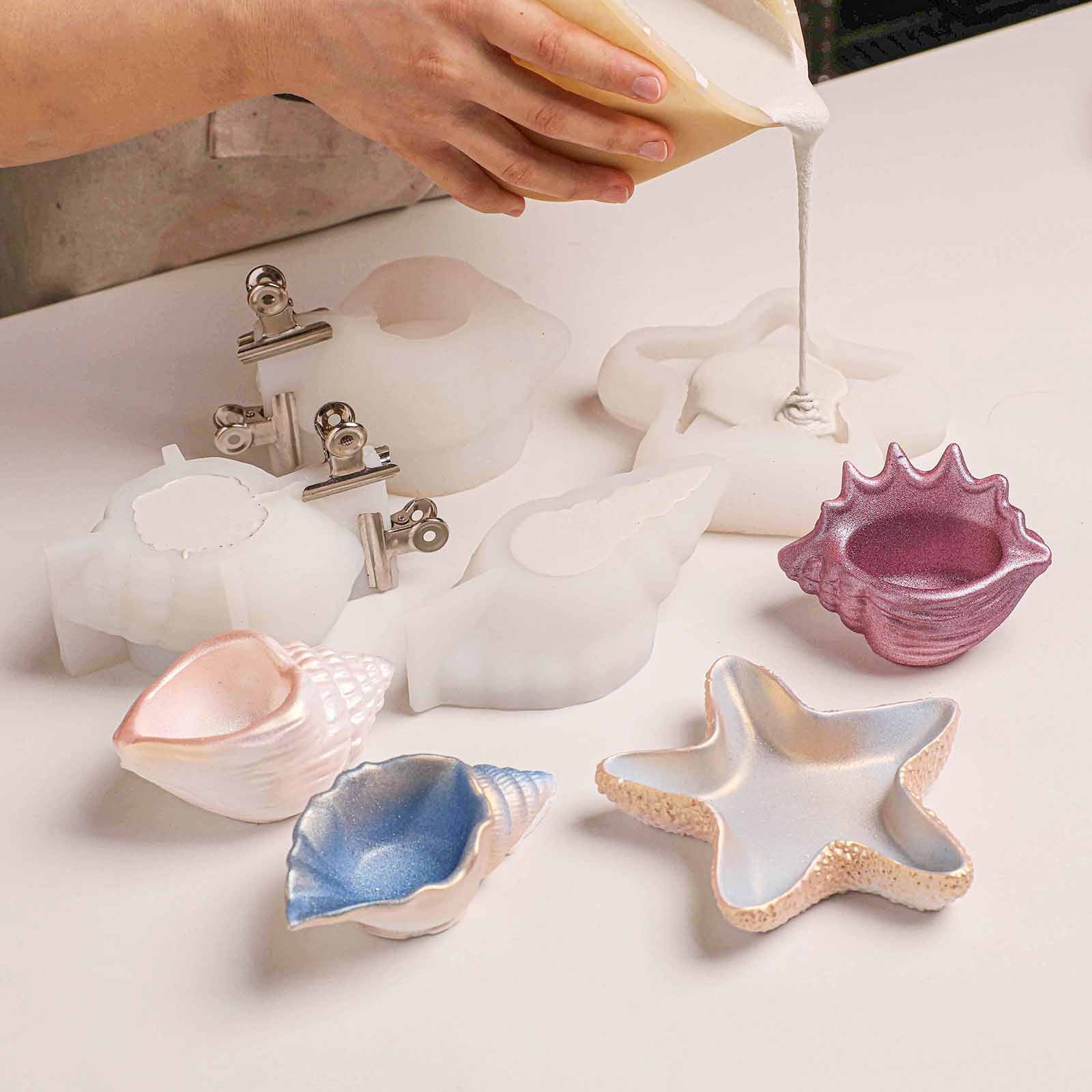 DIY Cement Pouring Craft with Multi-Style Conch & Starfish Silicone Molds and Painted Finished Trays - Boowan Nicole
