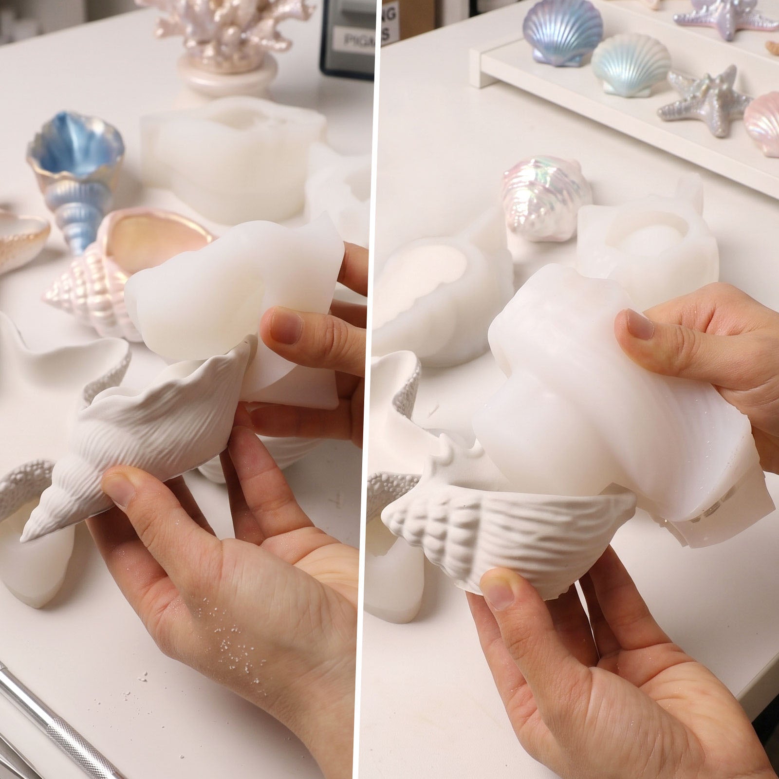 Demolding Shot of 3D Conch Starfish Silicone Molds and Handmade Ceramic Shell Trays - Boowan Nicole
