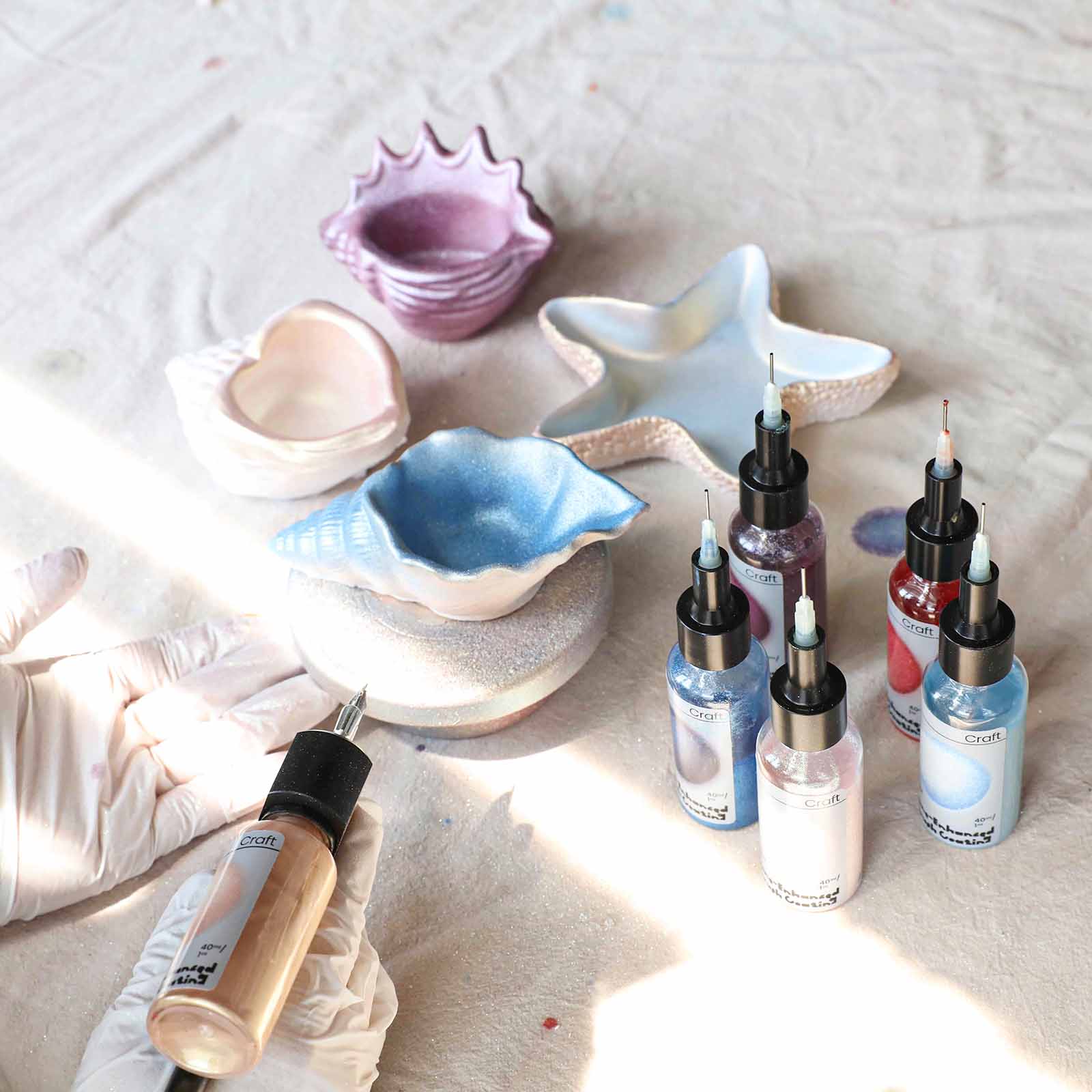 DIY Painting Scene of Iridescent Seashell Starfish Blanks with Assorted Pigment Bottles - Boowan Nicole