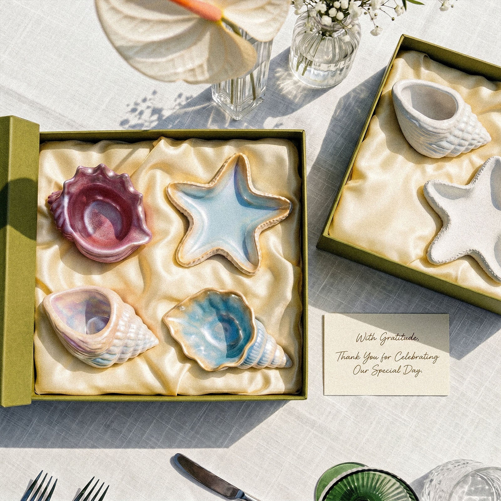 Four-Piece Iridescent Seashell Starfish Tray Gift Set Packed in Silk Lined Gift Box for Wedding Favor - Boowan Nicole