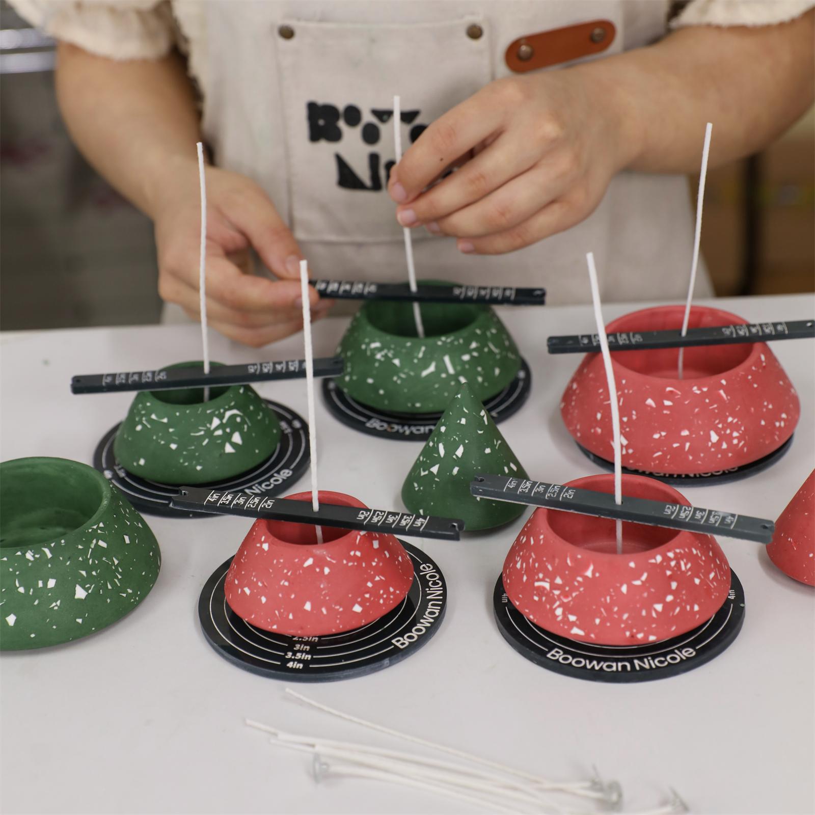 Stacking Christmas tree candle jars with wax poured using magnetic wick holders for efficient batch making - Boowan Nicole