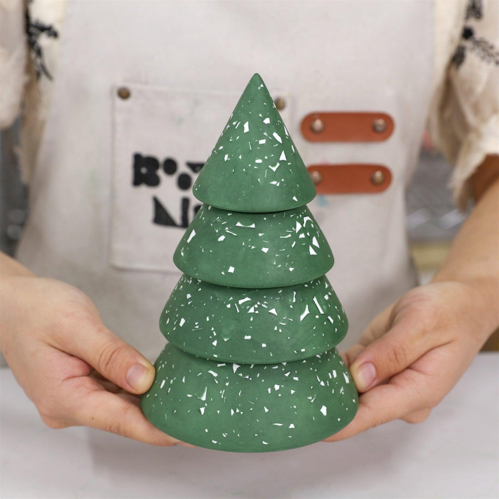 Finished stacking Christmas tree candle jar in green base color with white terrazzo chips - Boowan Nicole