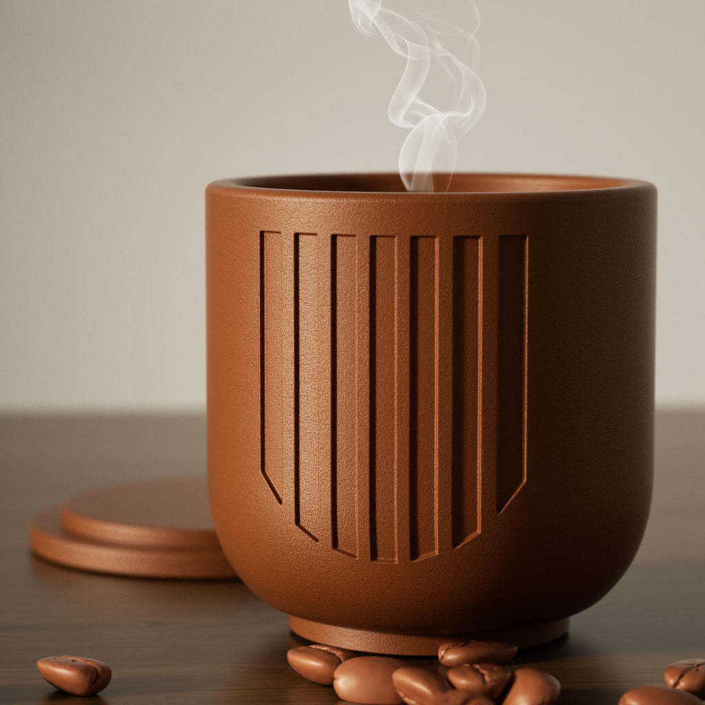 Brown geometric candle jar with smoke and coffee beans on wooden table - Boowan Nicole