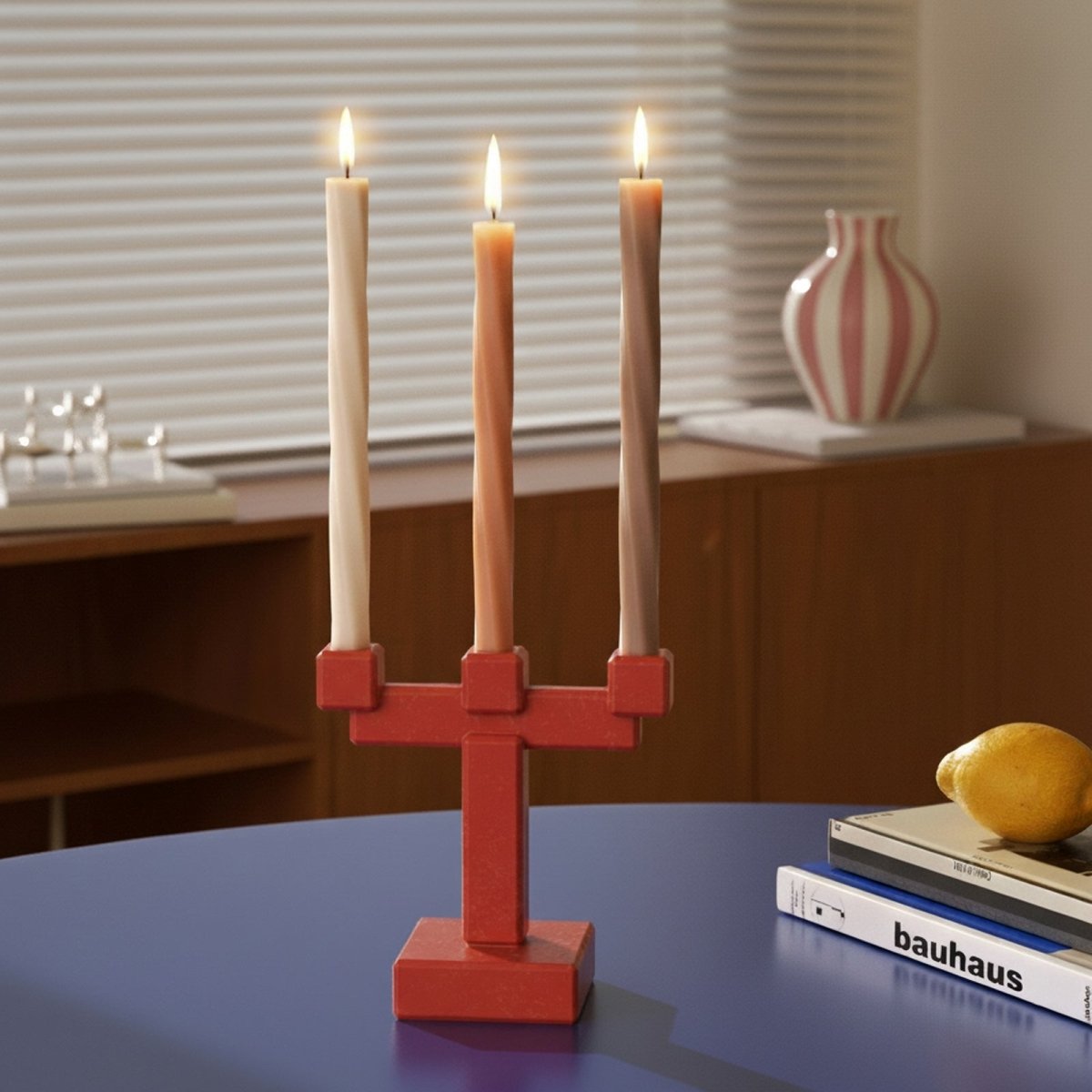 Three Serene Twist taper candles—cream, terracotta, and taupe—burning in a red three-arm holder on a blue table; smooth spiral profile - Boowan Nicole