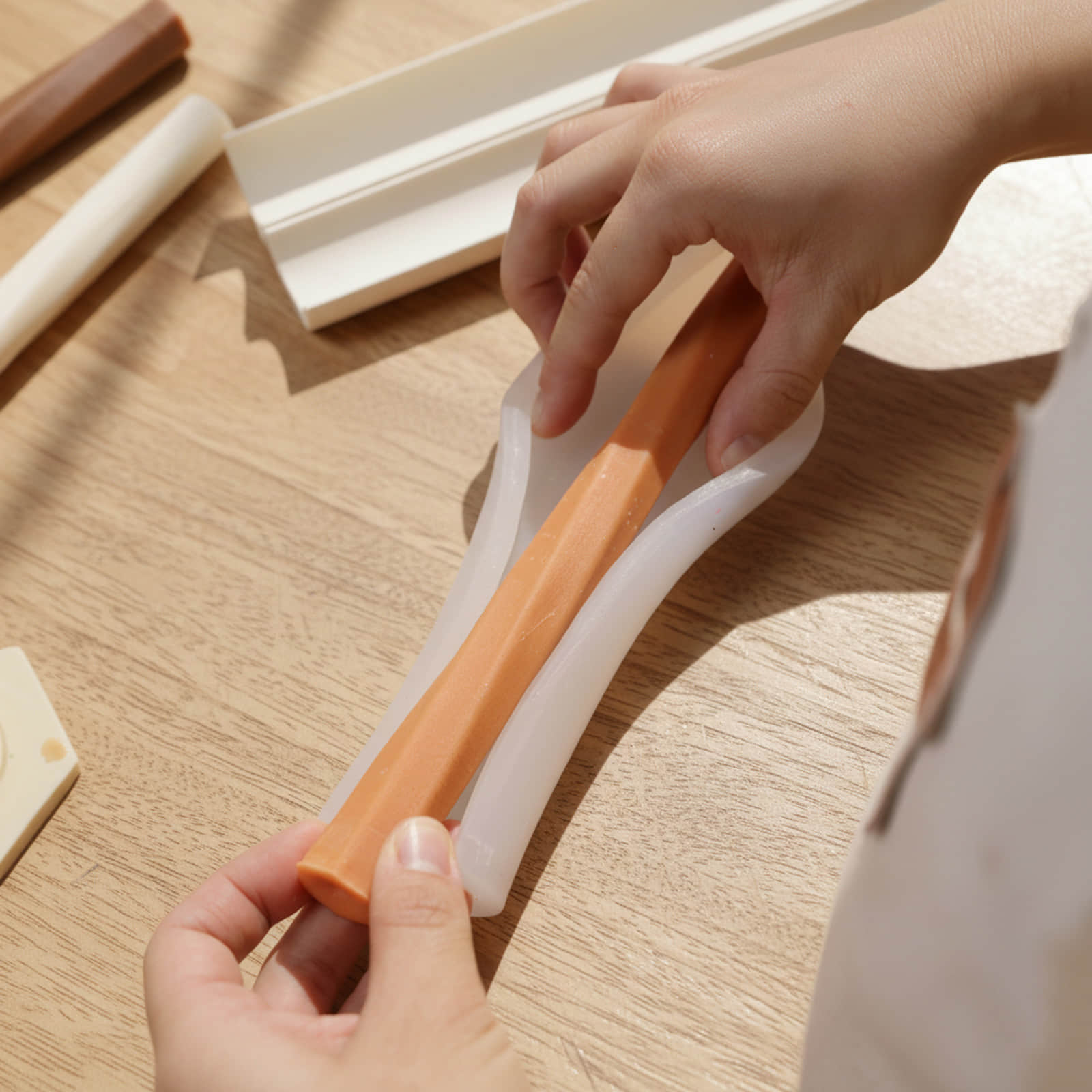 Demolding a terracotta Serene Twist taper candle from a silicone mold on a wooden table - Boowan Nicole