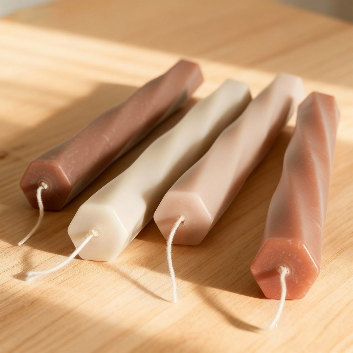 Hexa Glow hexagonal twist taper candles in neutral tones on a wooden tabletop, wicks visible - Boowan Nicole