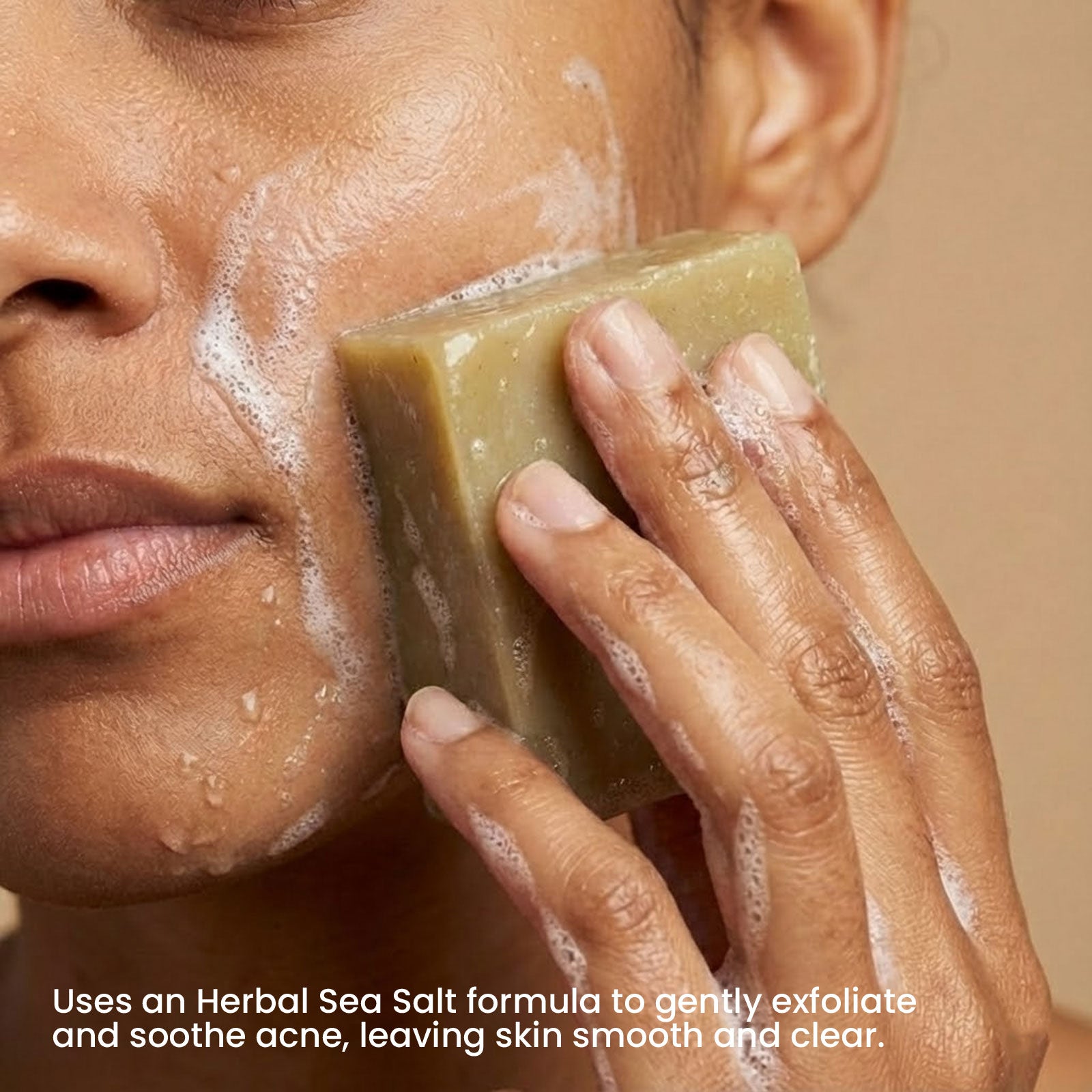 Using Herbal Sea Salt soap on face to gently exfoliate, soothe acne, and leave skin smooth and clear - Boowan Nicole