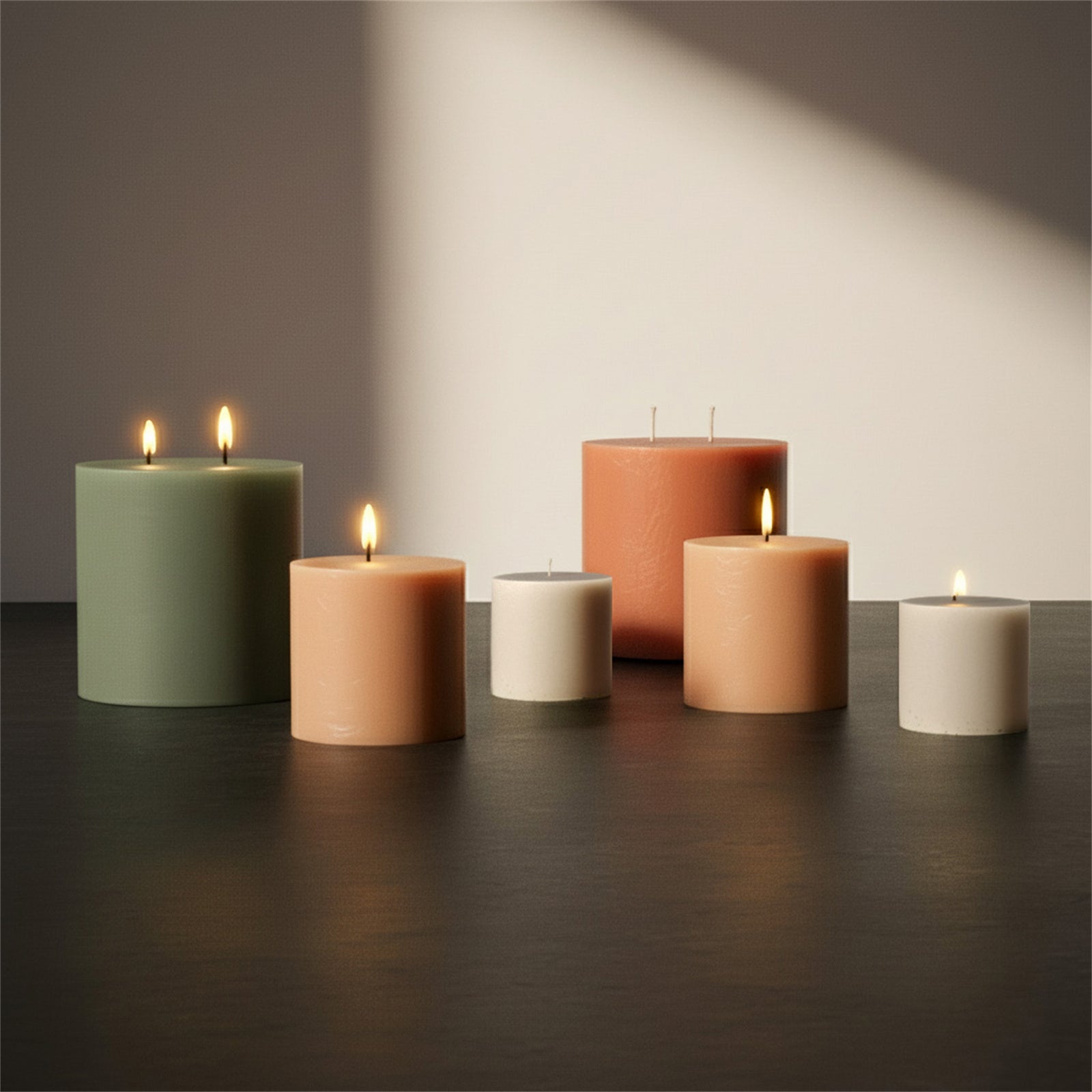Simple Pillar Candle set—sage green, peach, terracotta and ivory cylinders in mixed heights, several lit, on a dark tabletop - Boowan Nicole