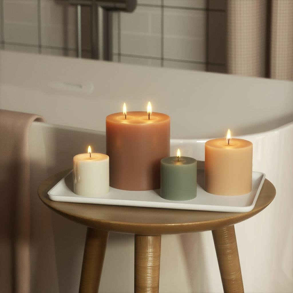 Four pillar candles lit on a white tray beside a bathtub—ivory, terracotta 3-wick, sage green and peach—spa-style bathroom décor - Boowan Nicole
