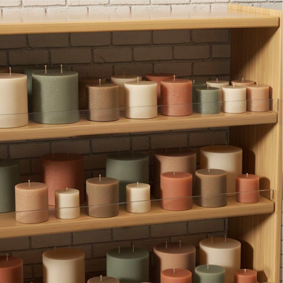 Store display of Simple Pillar Candle collection—ivory, sage green, and terracotta cylinders in assorted sizes lined on wooden shelves - Boowan Nicole