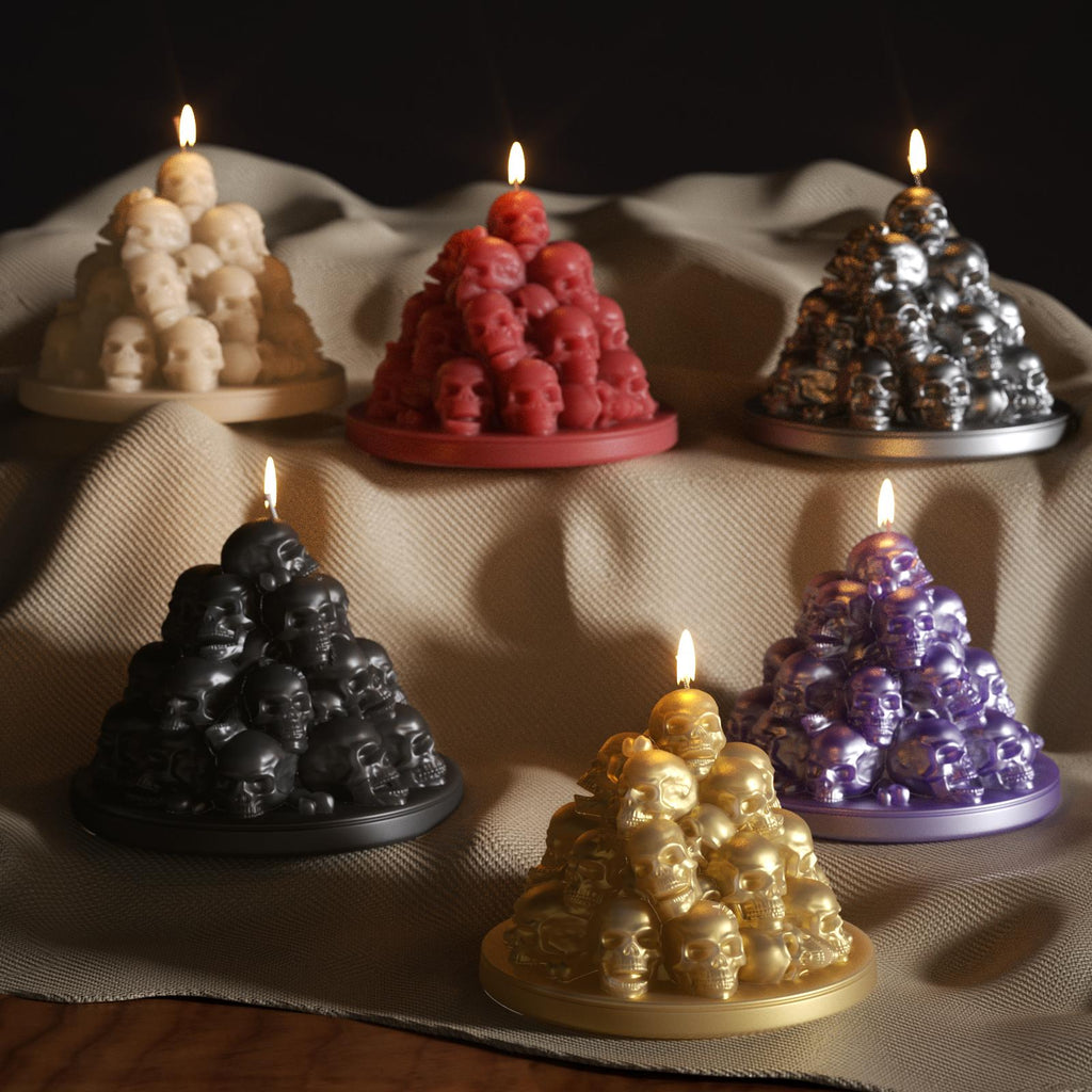 Batch-produced Skull Mountain candles in various colors and finishes - Boowan Nicole