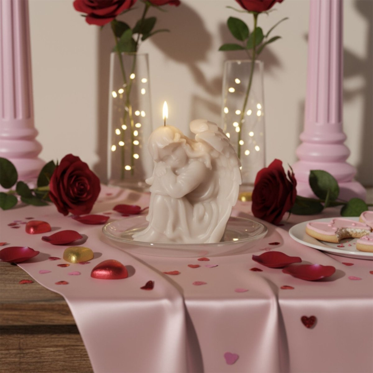 Ivory sleeping angel pillar candle burning on a glass plate, surrounded by roses - Boowan Nicole