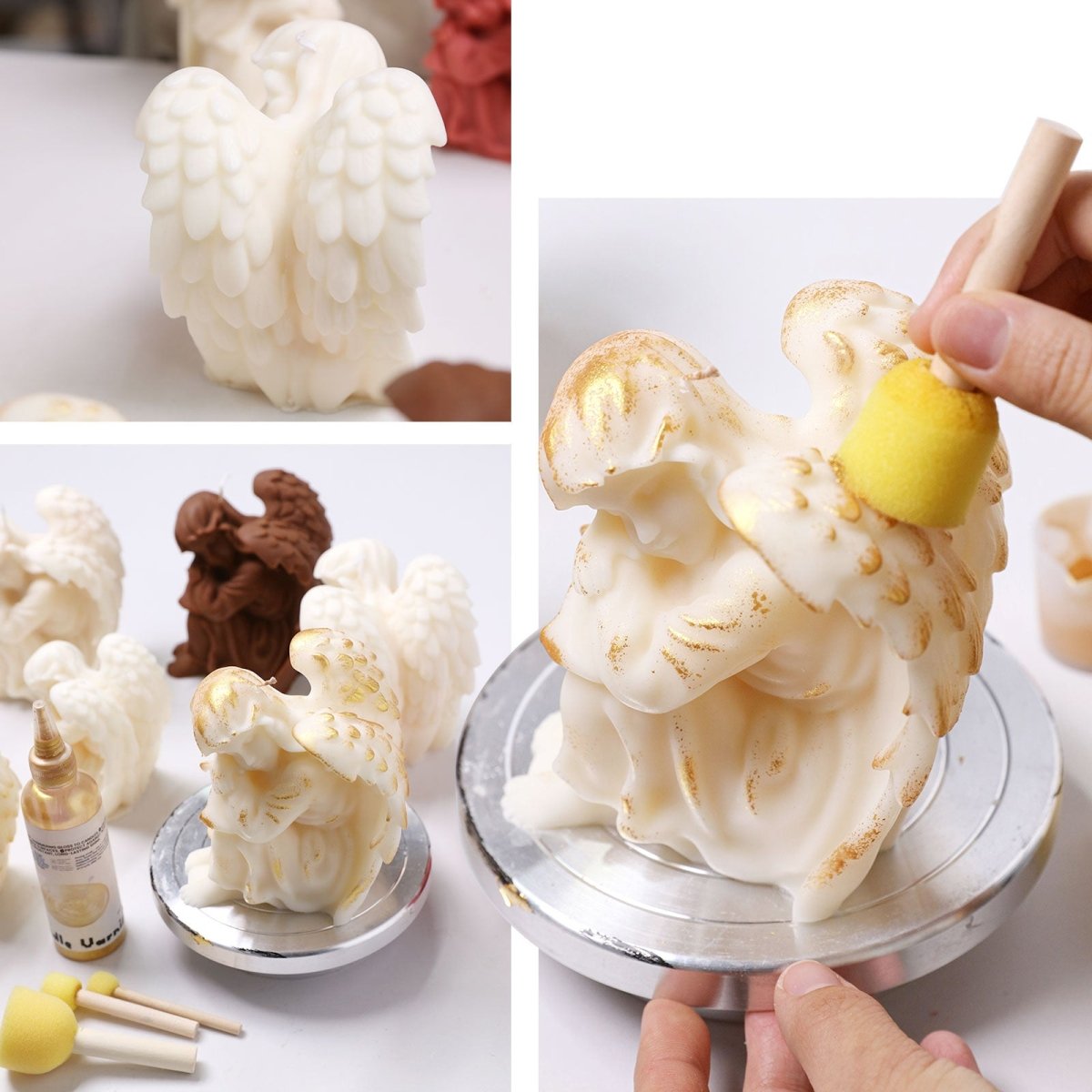 Applying gold candle varnish to a white Sleeping Angel pillar candle—dry-brush highlights on wings and robe, DIY finishing—Sleeping Angel Candle Silicone Mold - Boowan Nicole