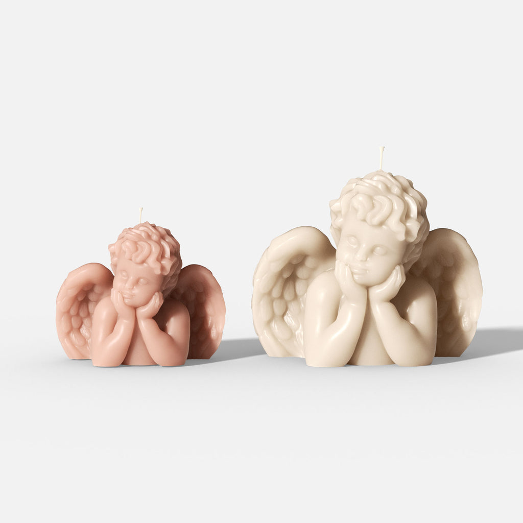 Small blush and large ivory cherub angel bust candles with wings - Boowan Nicole