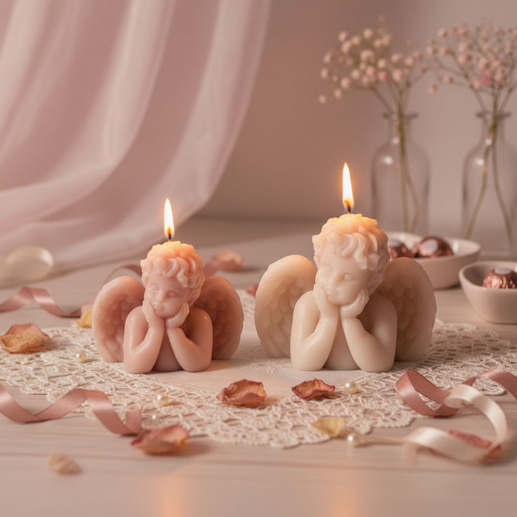 Set of two Sleeping Angel cherub candles—small pink and large ivory—lit on a lace doily with ribbons and petals for soft romantic decor - Boowan Nicole