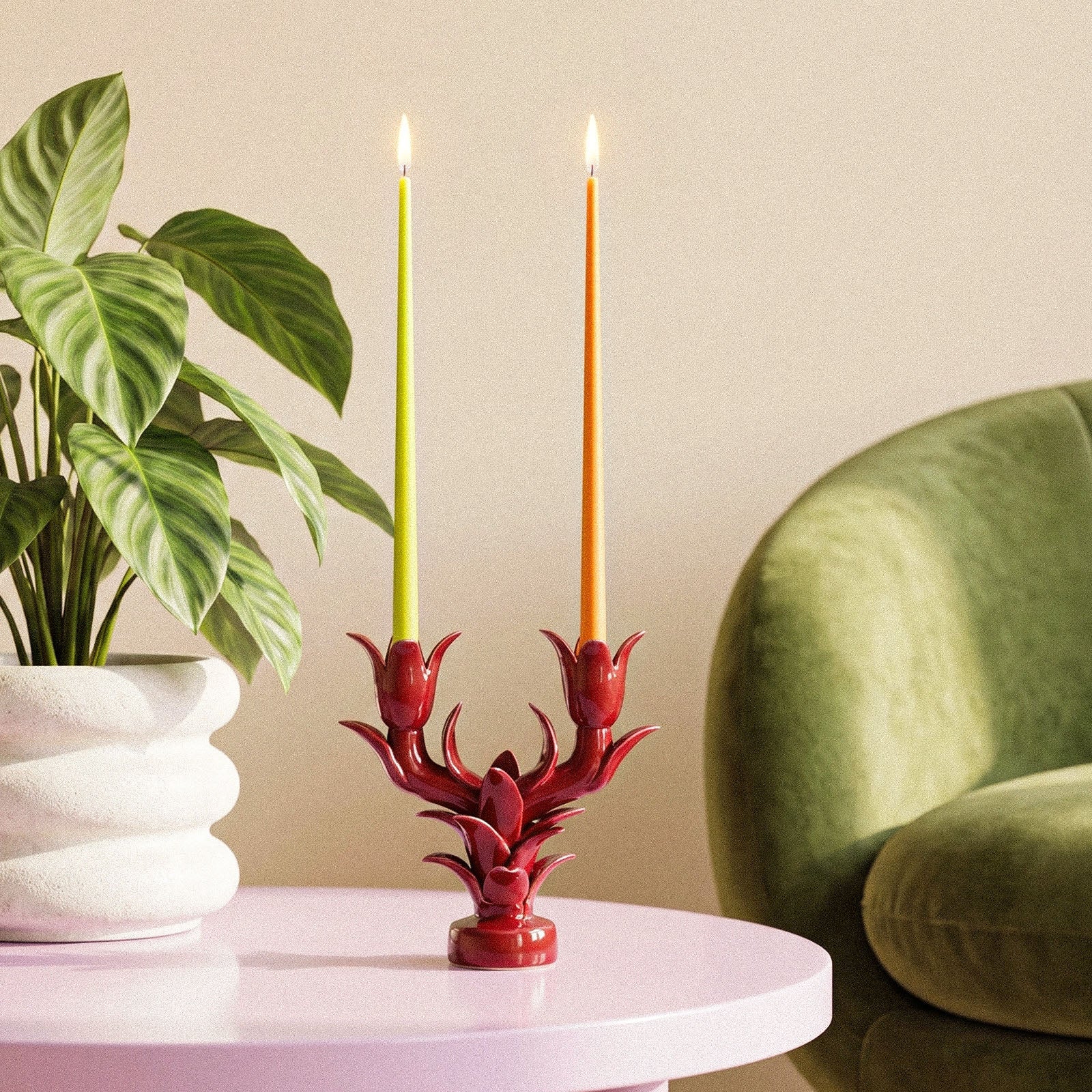 Ultra Slim Taper Acrylic Candle Mold, lit slim taper candles in red tulip-shaped candlestick with home decor - Boowan Nicole