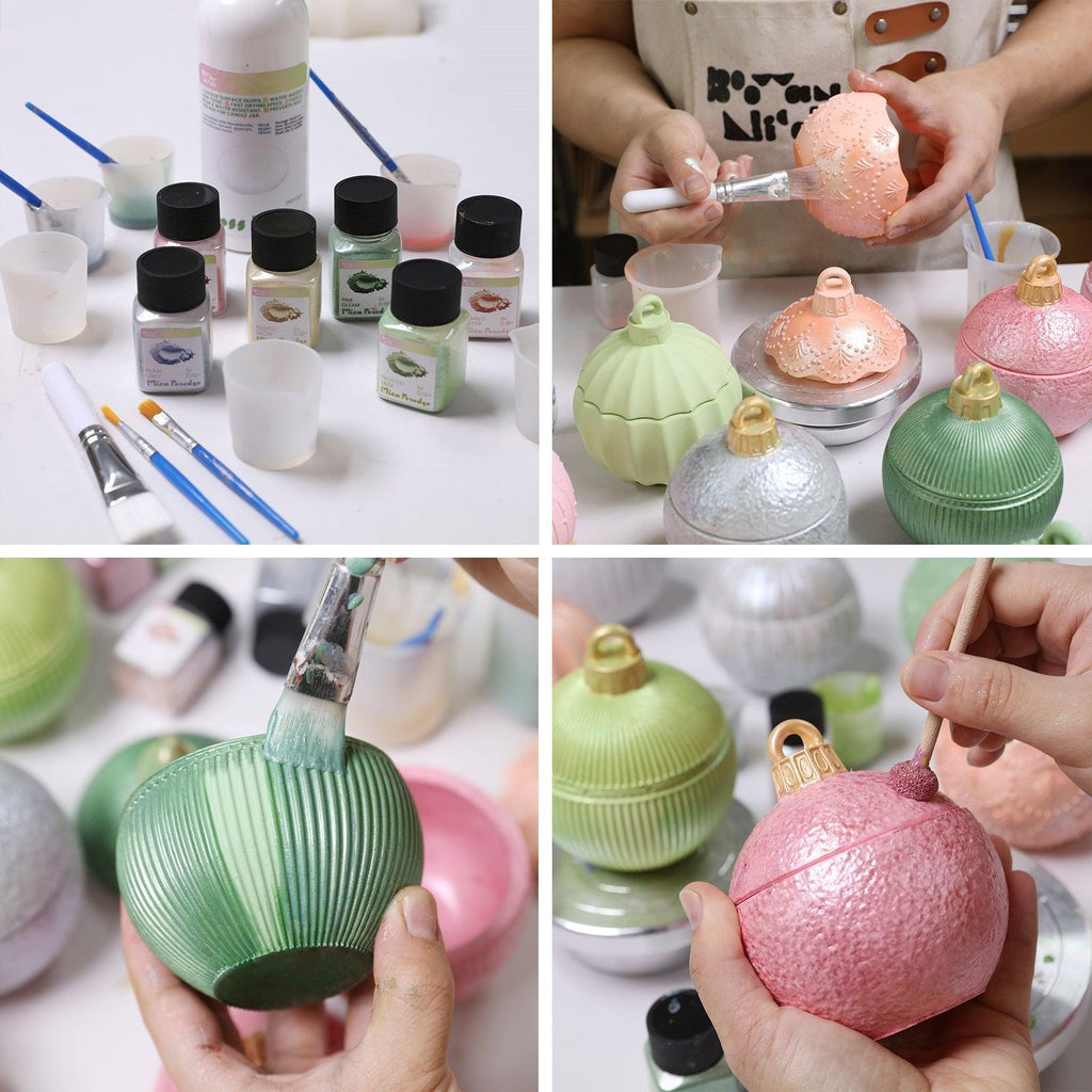 Candle makers decorating Christmas bauble jar molds with mica powder and glossy varnish for shimmering festive finishes - Boowan Nicole