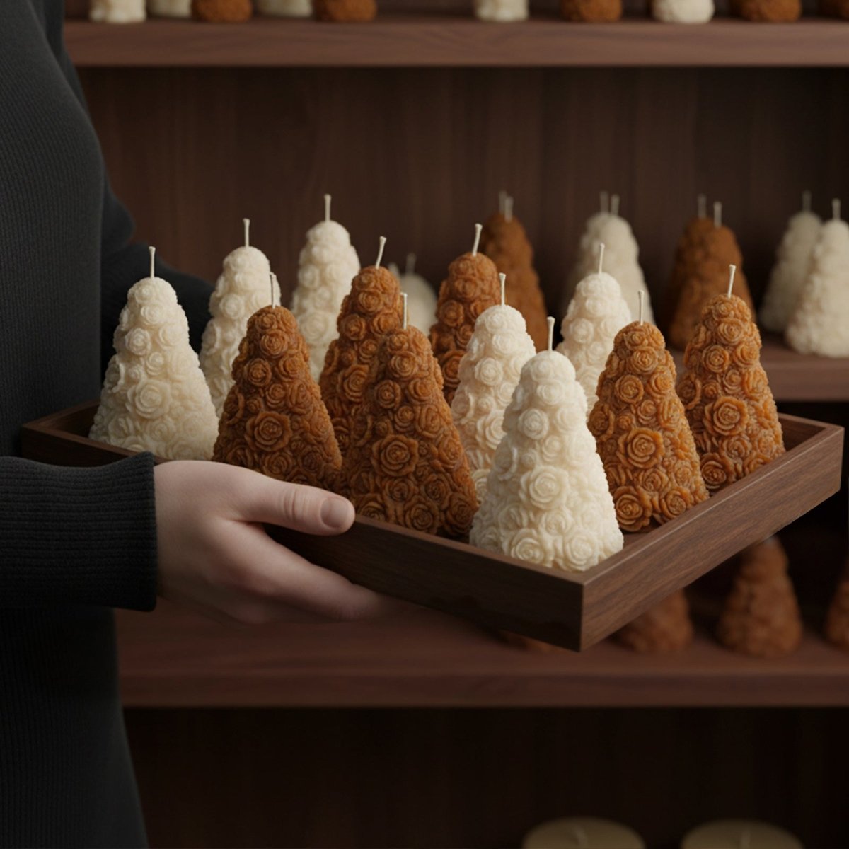 Hand holding a wooden tray of cone-shaped rose flower candles in cream and caramel colors - Boowan Nicole