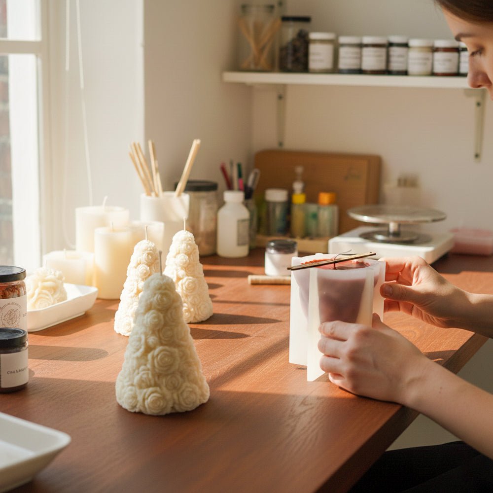 DIY candle-making scene with silicone molds, wicks, soy wax, and finished 3D flower candles on a table- Boowan Nicole
