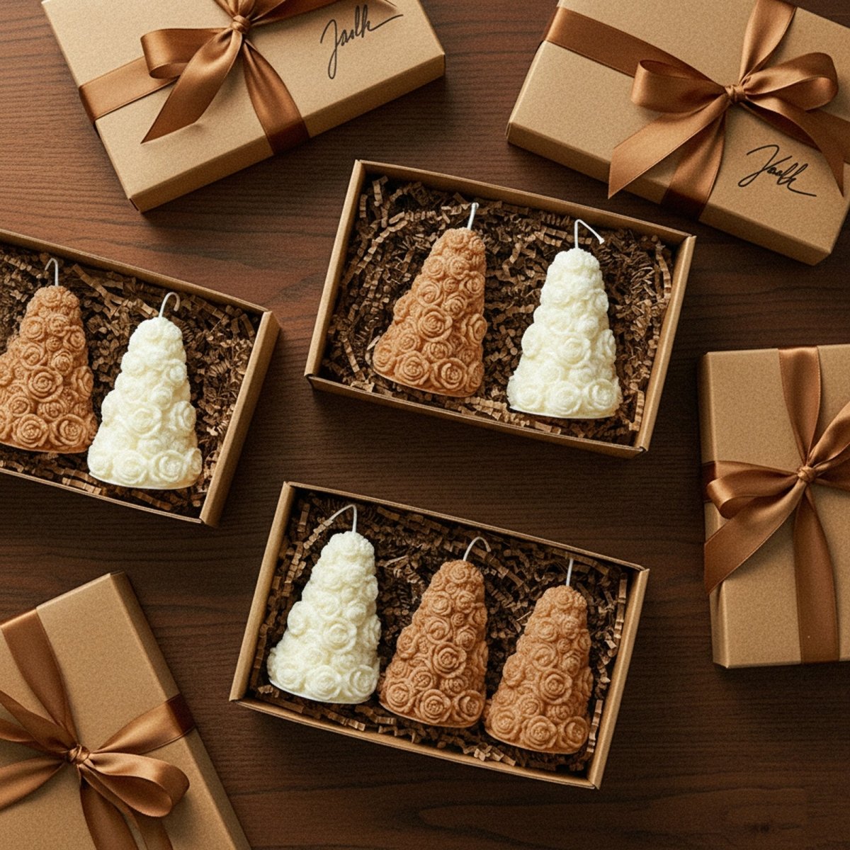 Exquisite rose tower candle Christmas gift box with textured kraft paper packaging and a ribbon bow, suitable as a festive gift or wedding favor - Boowan Nicole