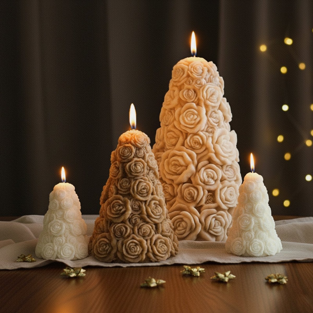 Burning rose tower candles in cream, caramel, and white, showcasing 3D floral texture and warm candlelight - Boowan Nicole