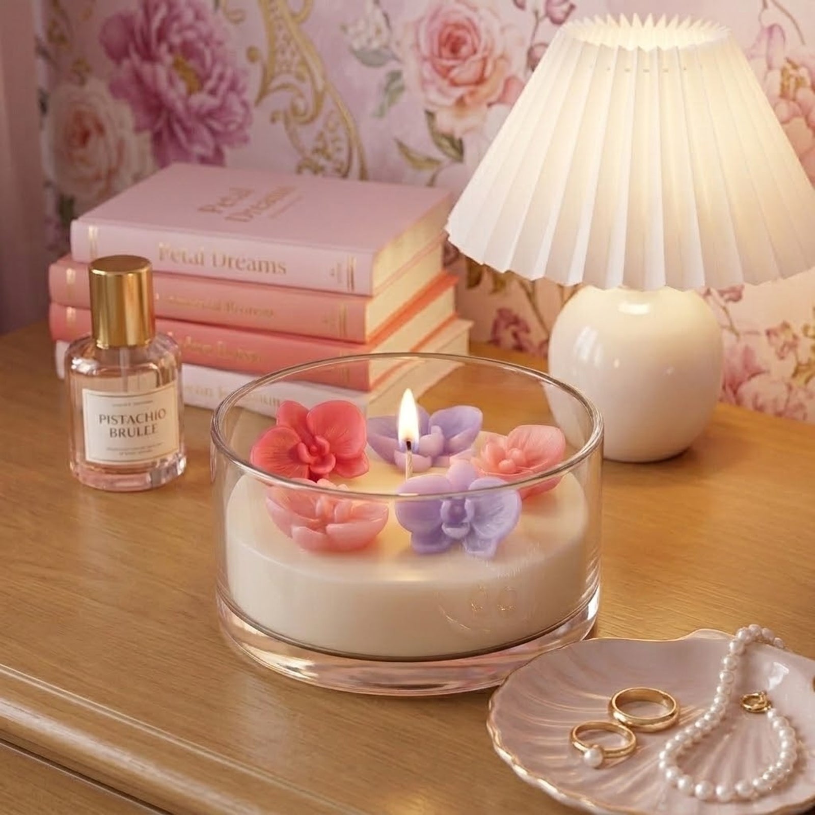 A styled tabletop scene with a lit orchid candle, perfume, books, and elegant decor. -Boowan Nicole
