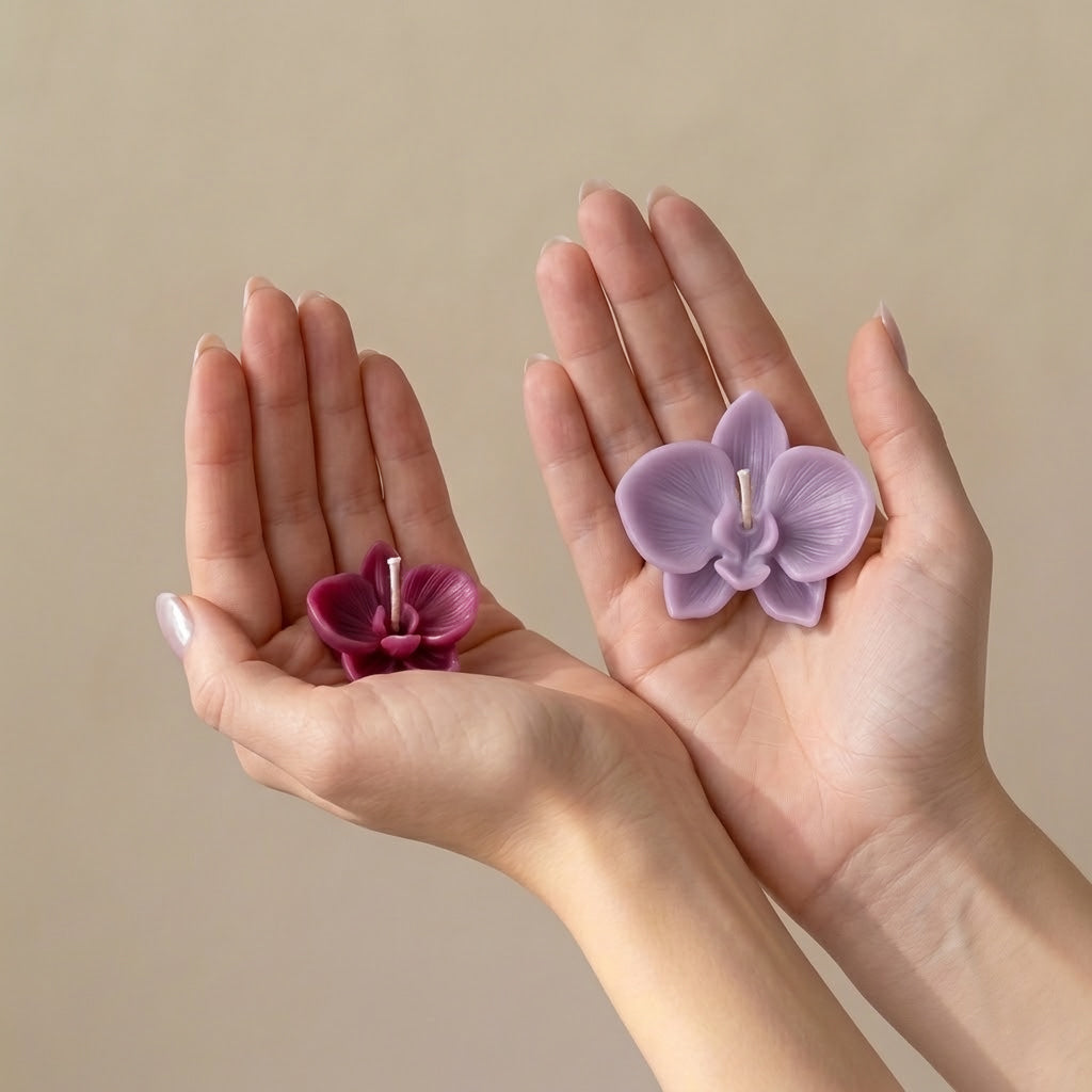Two hands holding small purple and magenta orchid candles, demonstrating size and portability. -Boowan Nicole