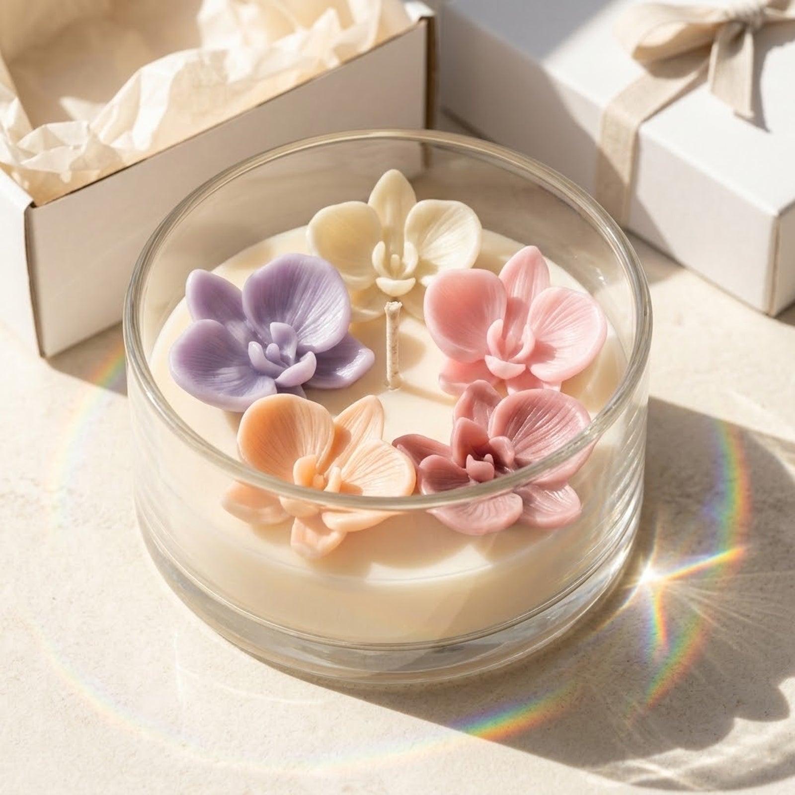 A glass candle with five pastel orchid toppers (purple, cream, pink, peach, dusty rose) in sunlight. -Boowan Nicole