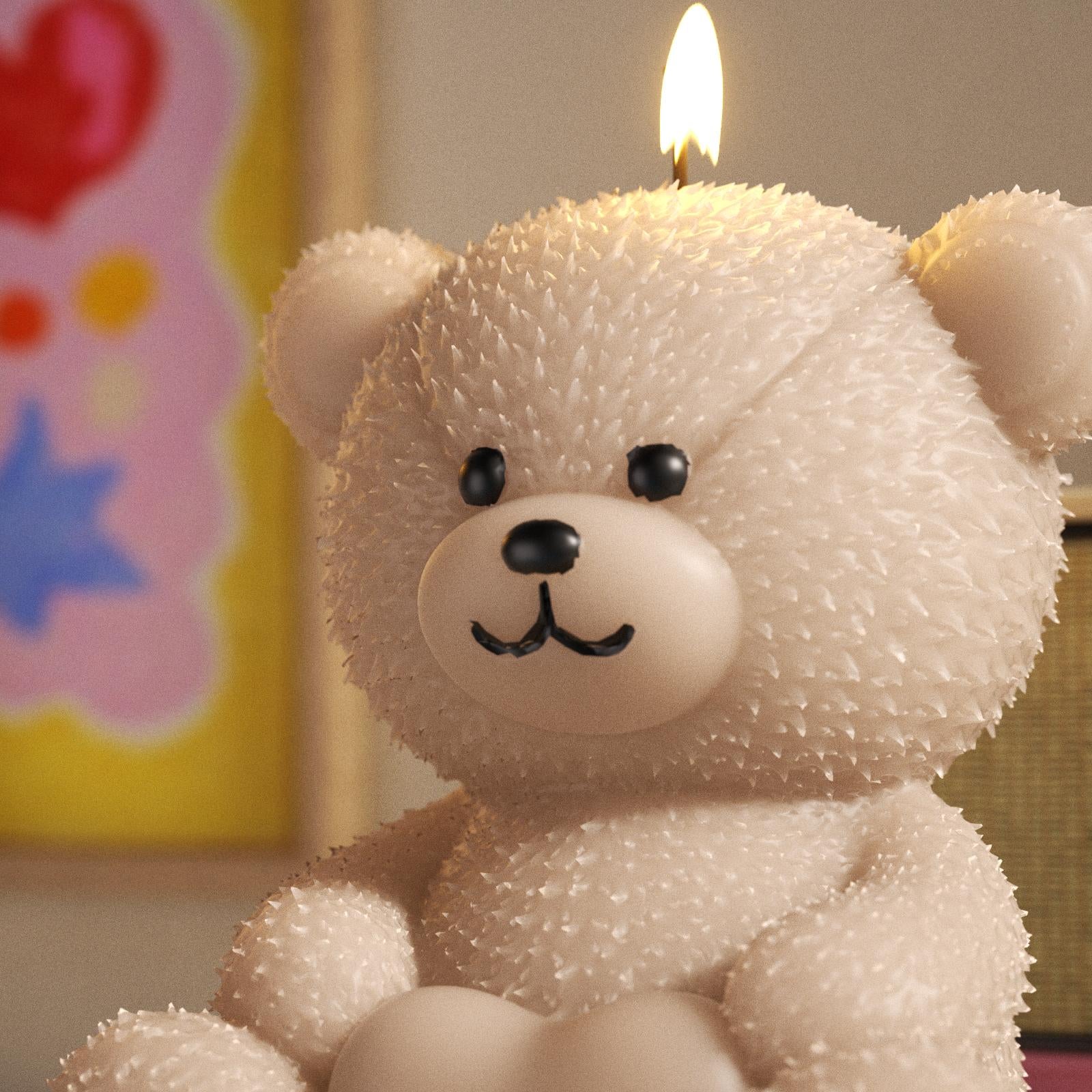 Close-up of a lit teddy bear-shaped candle with textured fur - Boowan Nicole