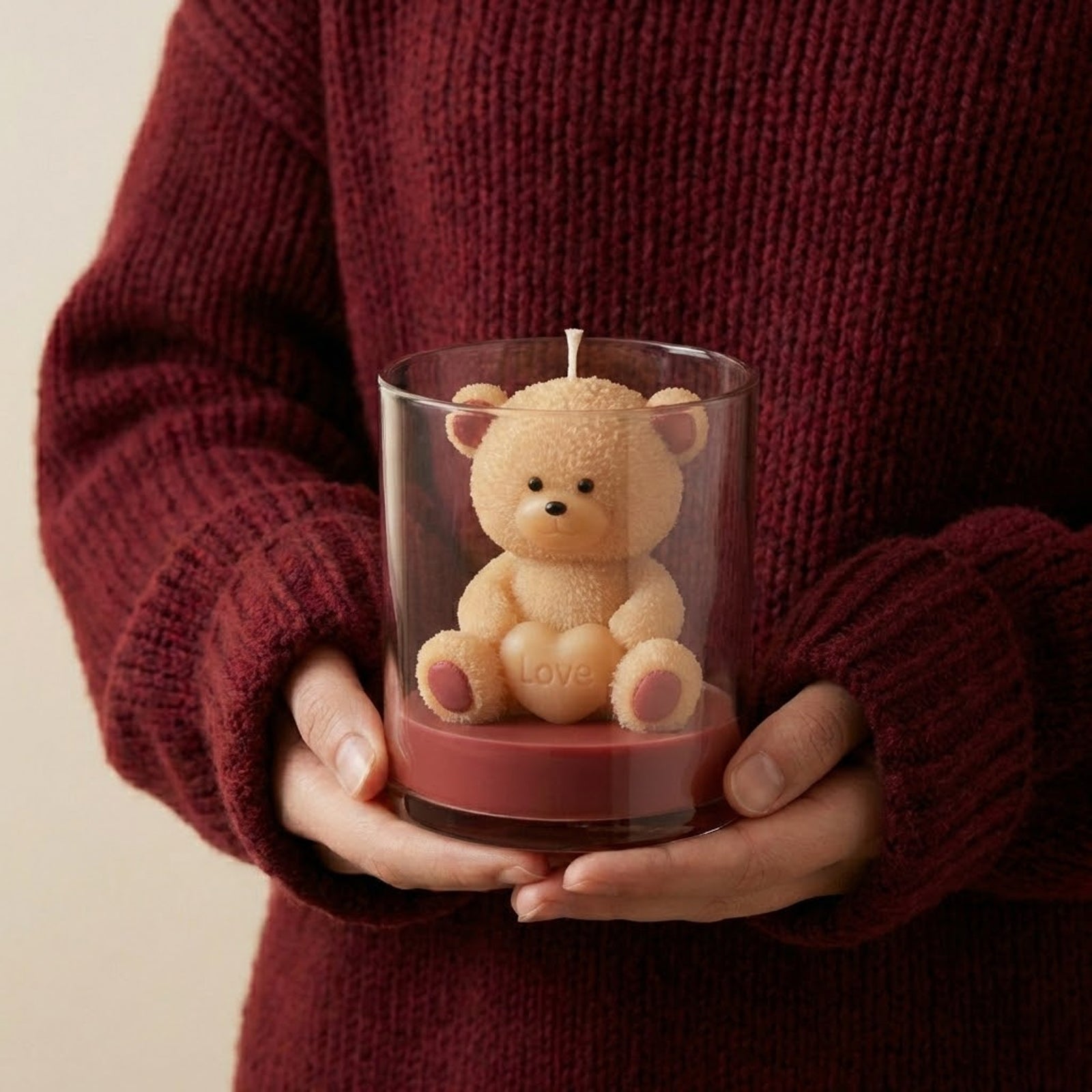 Hands Holding Love Heart Teddy Bear Scented Candle in Glass Jar - Boowan Nicole