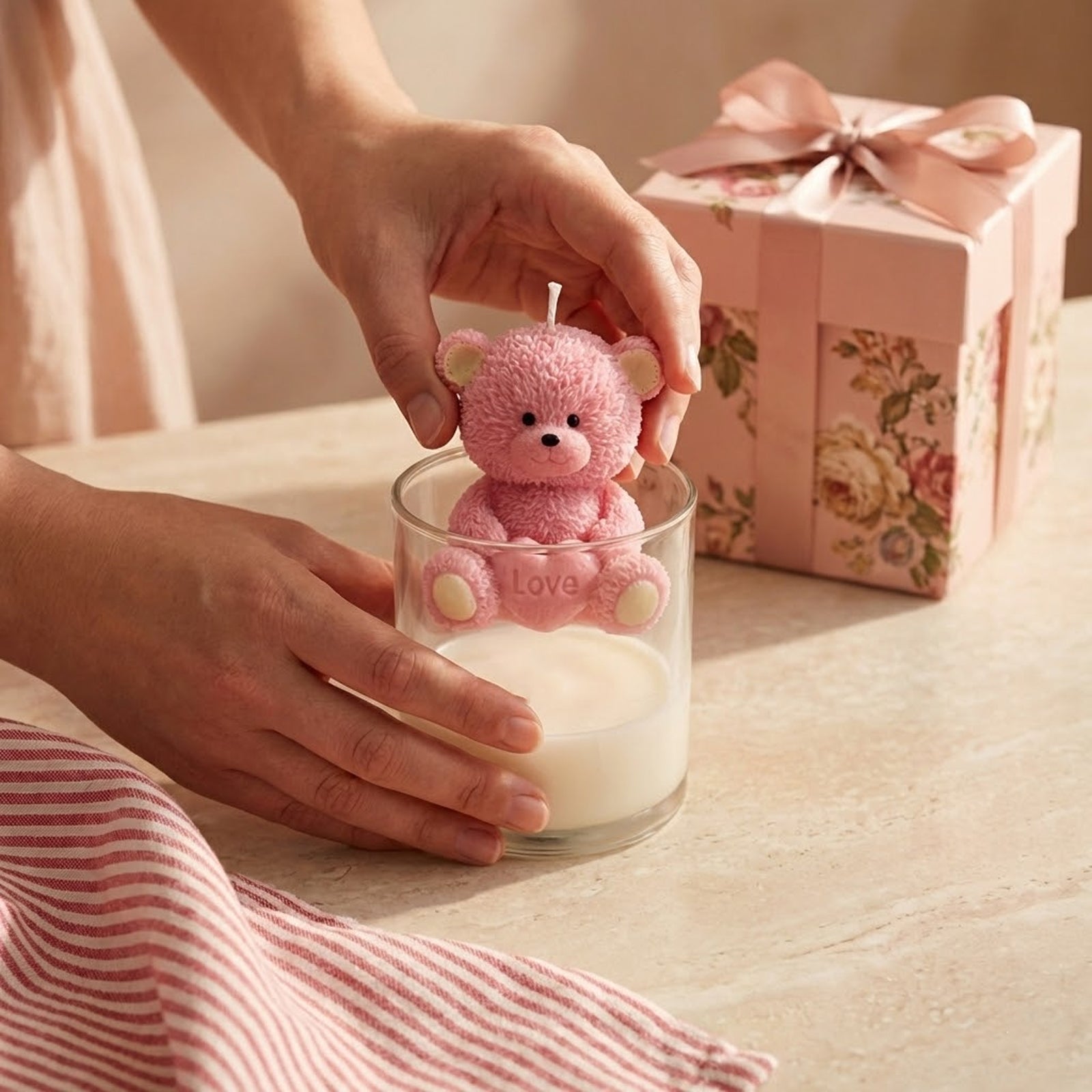 Pink Love Heart Teddy Bear Scented Candle in Glass Jar Gift Set - Boowan Nicole