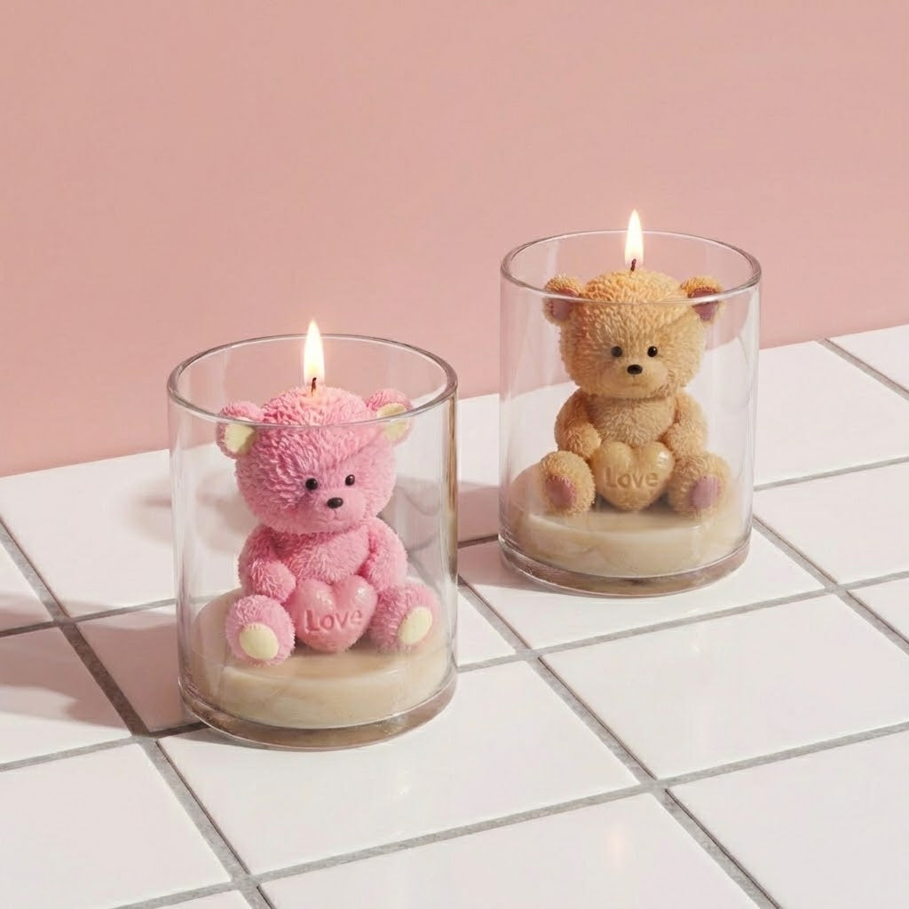 Lit Pink & Beige Love Heart Teddy Bear Scented Candles in Glass Jars - Boowan Nicole