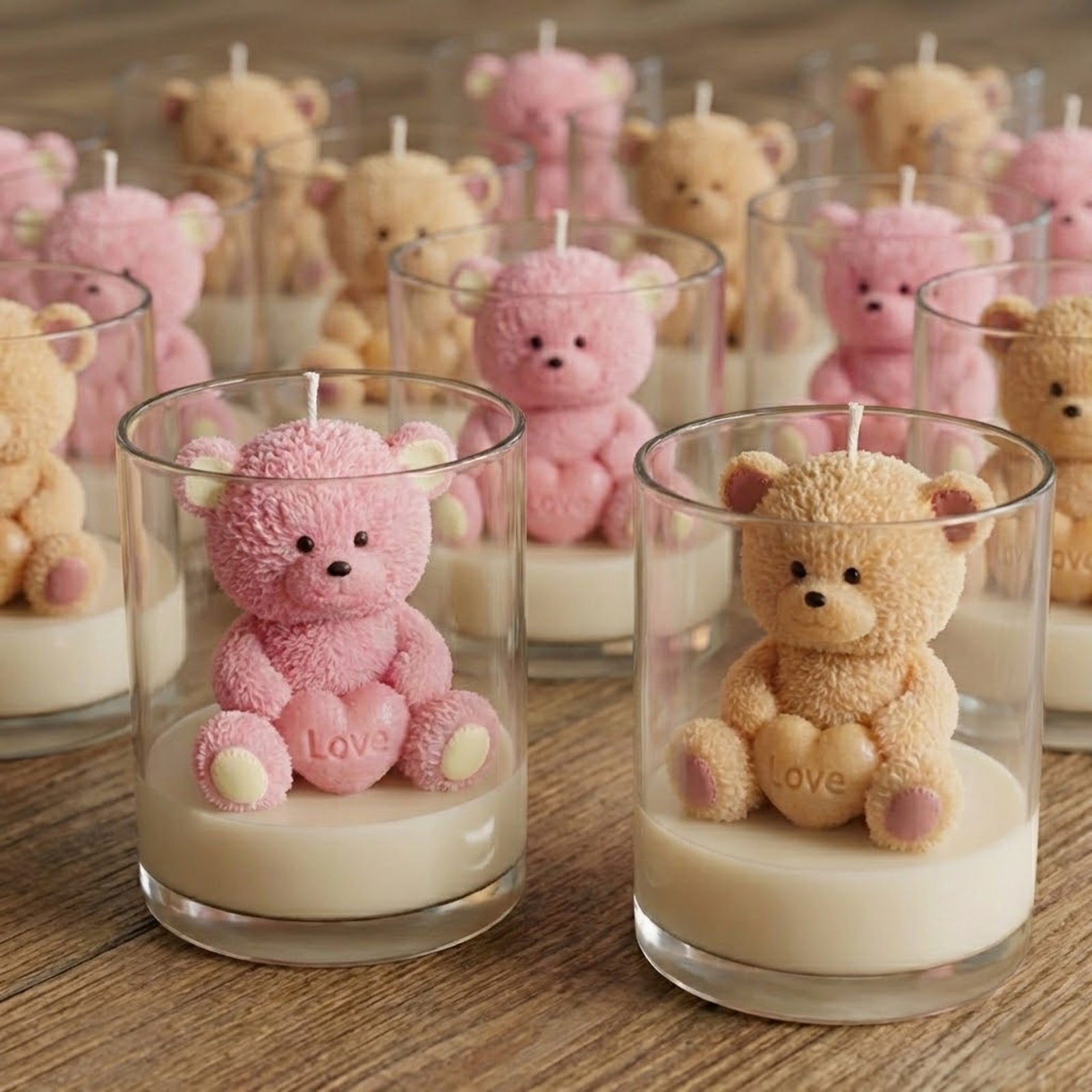 Bulk Assorted Pink & Beige Fuzzy Love Heart Teddy Bear Scented Candles in Glass Jars - Boowan Nicole