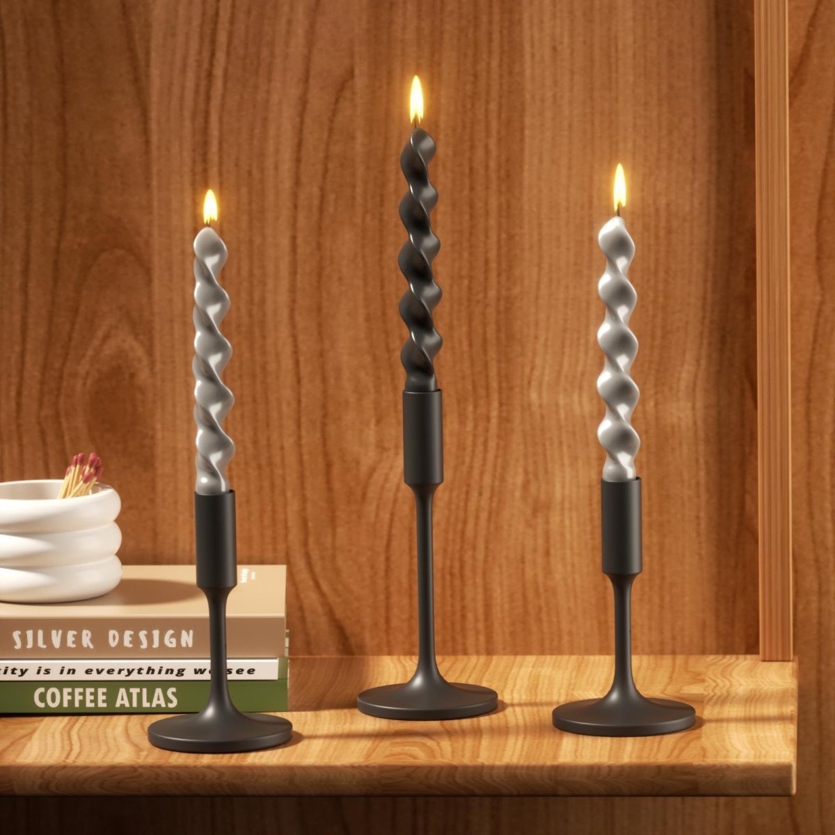 Elegant black and gray twisted taper candles in sleek holders, perfect for adding a modern and sophisticated touch to your decor-Boowan Nicole