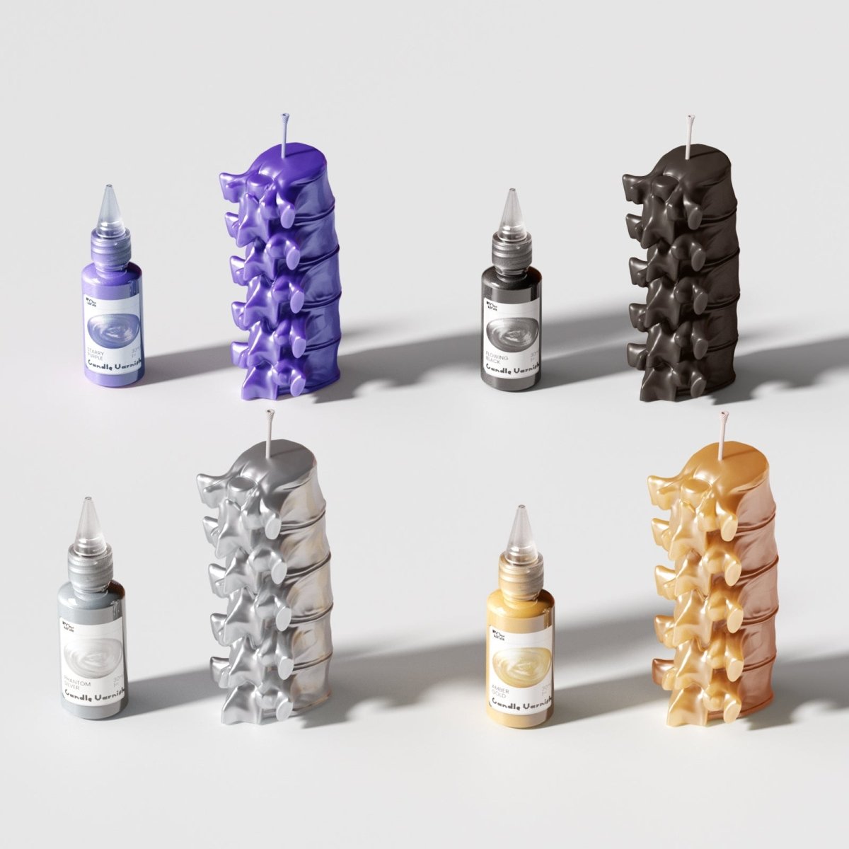 Four spine-shaped Halloween candles in purple, black, silver, and gold with matching glossy varnish bottles - Boowan Nicole
