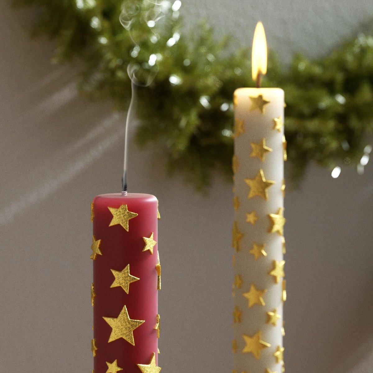 Red and white taper candles with golden stars, one lit and one smoking, against Christmas garland - Boowan Nicole