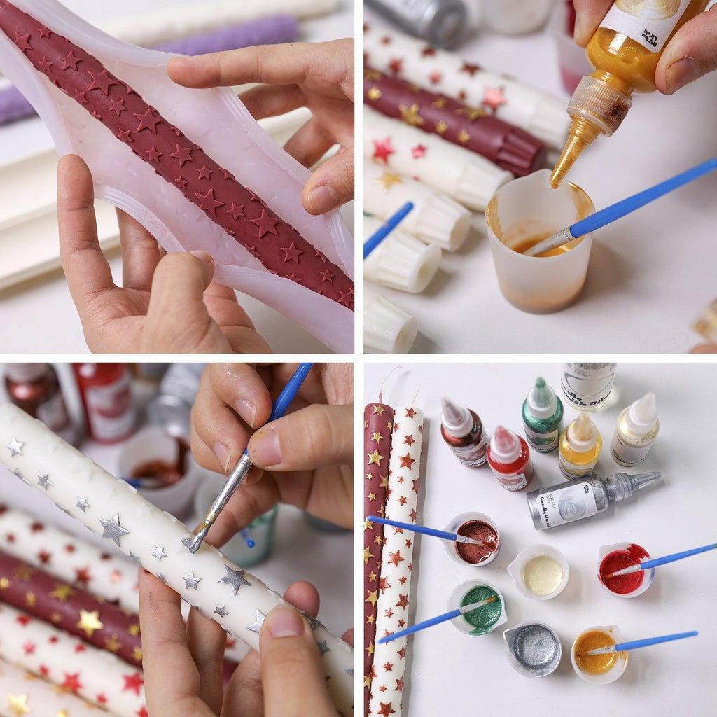 DIY process of making star-pattern taper candles using silicone molds, varnish, and colorful glitter paints, with close-ups of demolding, painting, and decorating - Boowan Nicole