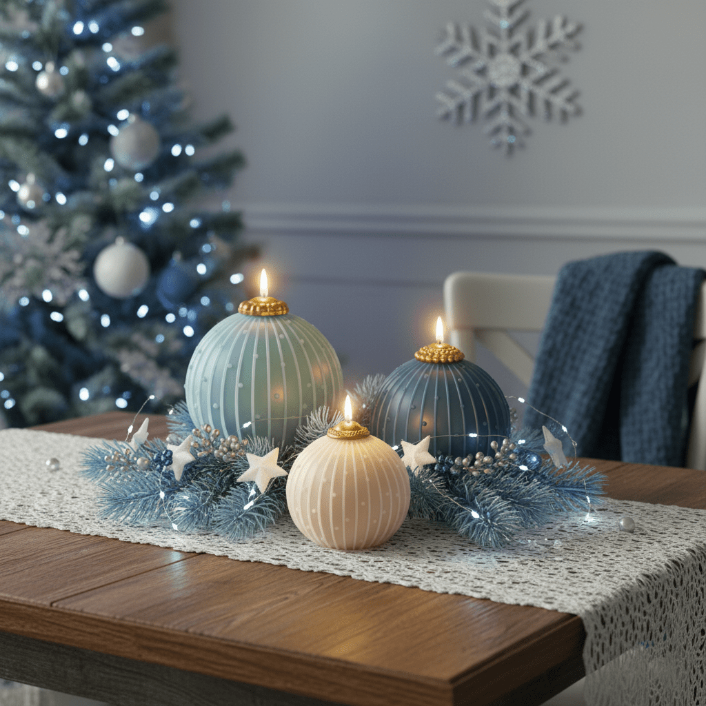 Lit blue bauble candles with gold caps on a pine-and-star winter centerpiece, glowing on a table with a Christmas tree in the background - Boowan Nicole