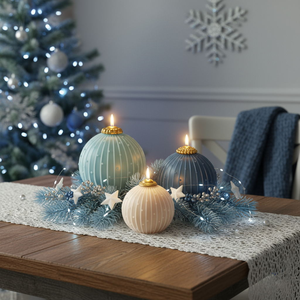Lit blue bauble candles with gold caps on a pine-and-star winter centerpiece, glowing on a table with a Christmas tree in the background - Boowan Nicole