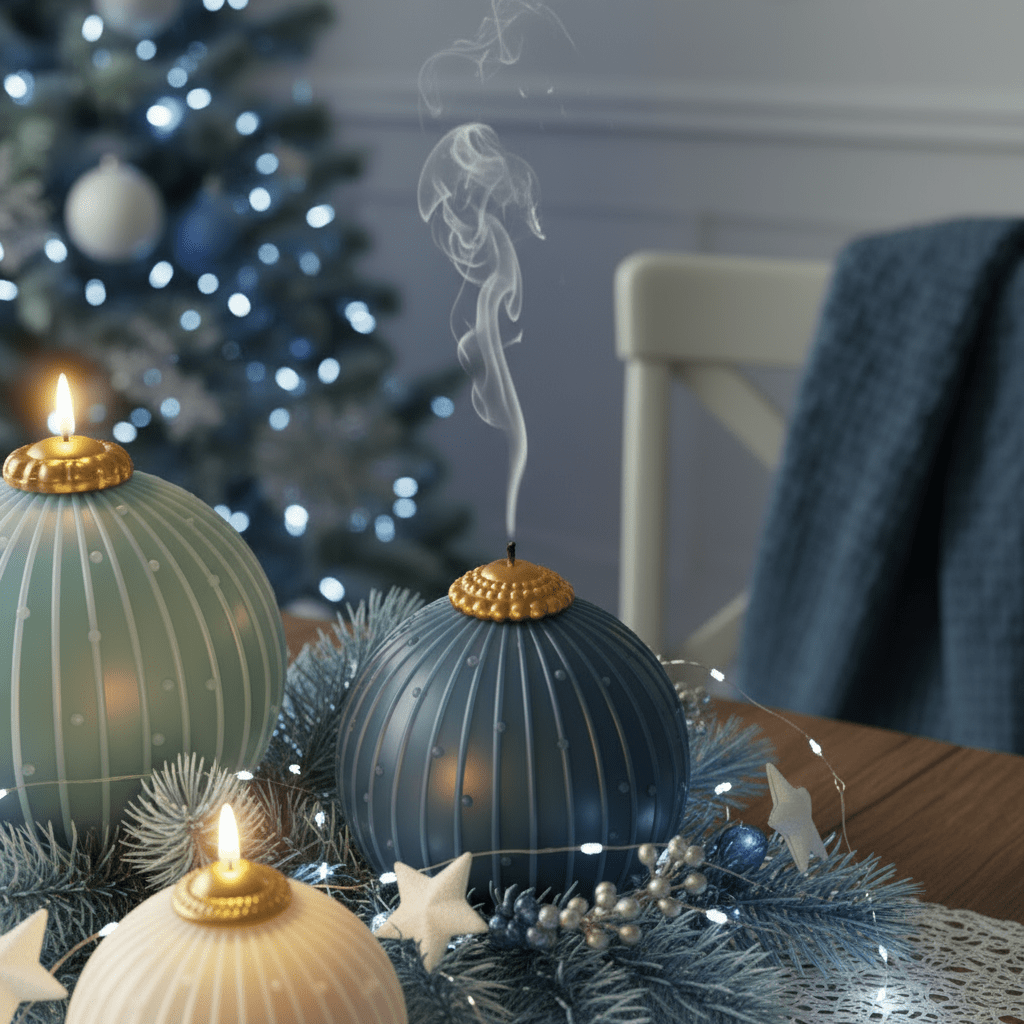 Smoke curls from a navy bauble candle beside two lit bauble candles on a frosted pine-and-star Christmas table centerpiece - Boowan Nicole
